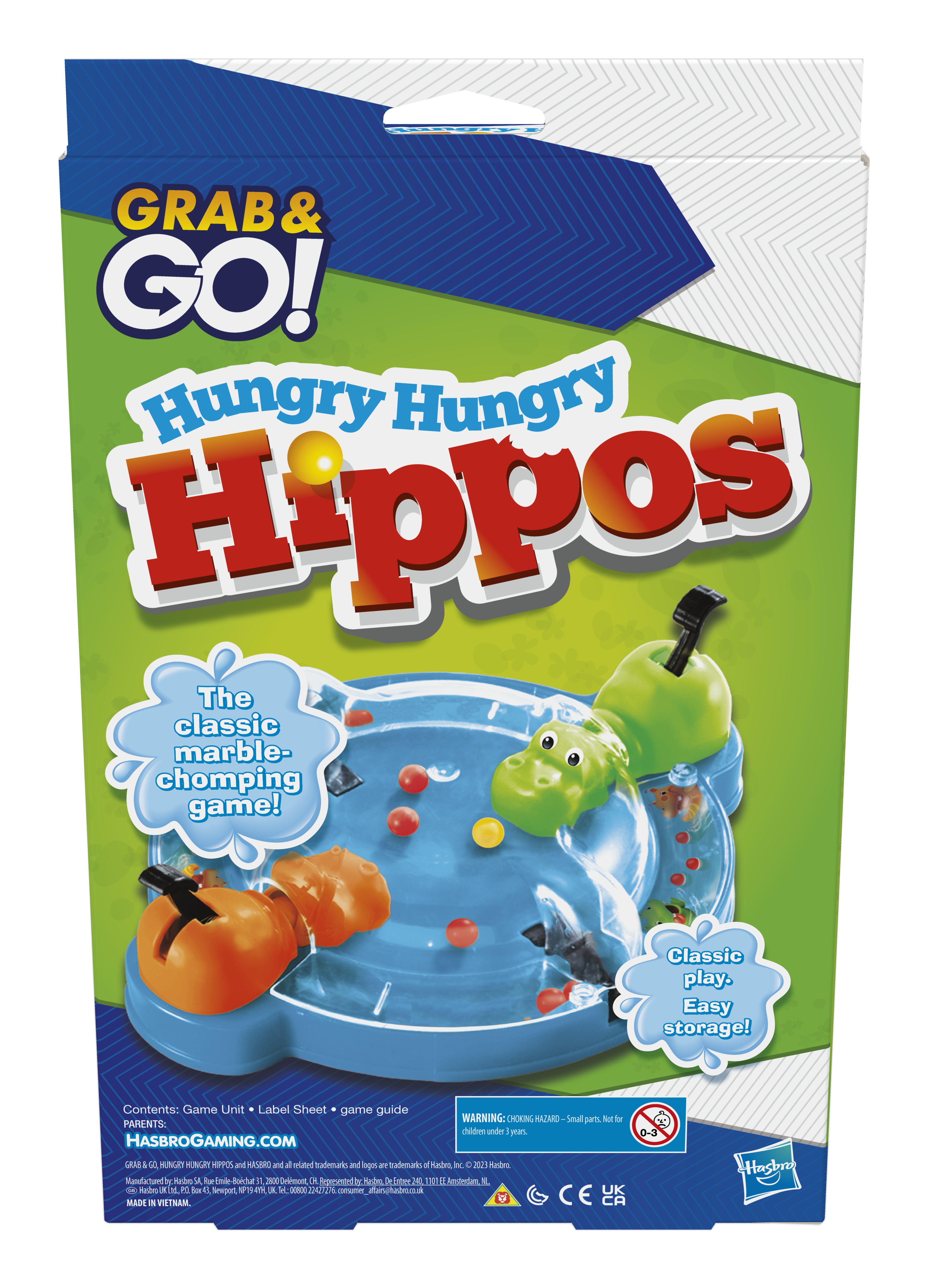 Caja del juego Grab & Go Hungry Hungry Hippos. Muestra hipopótamos, canicas y elementos del juego, con texto.