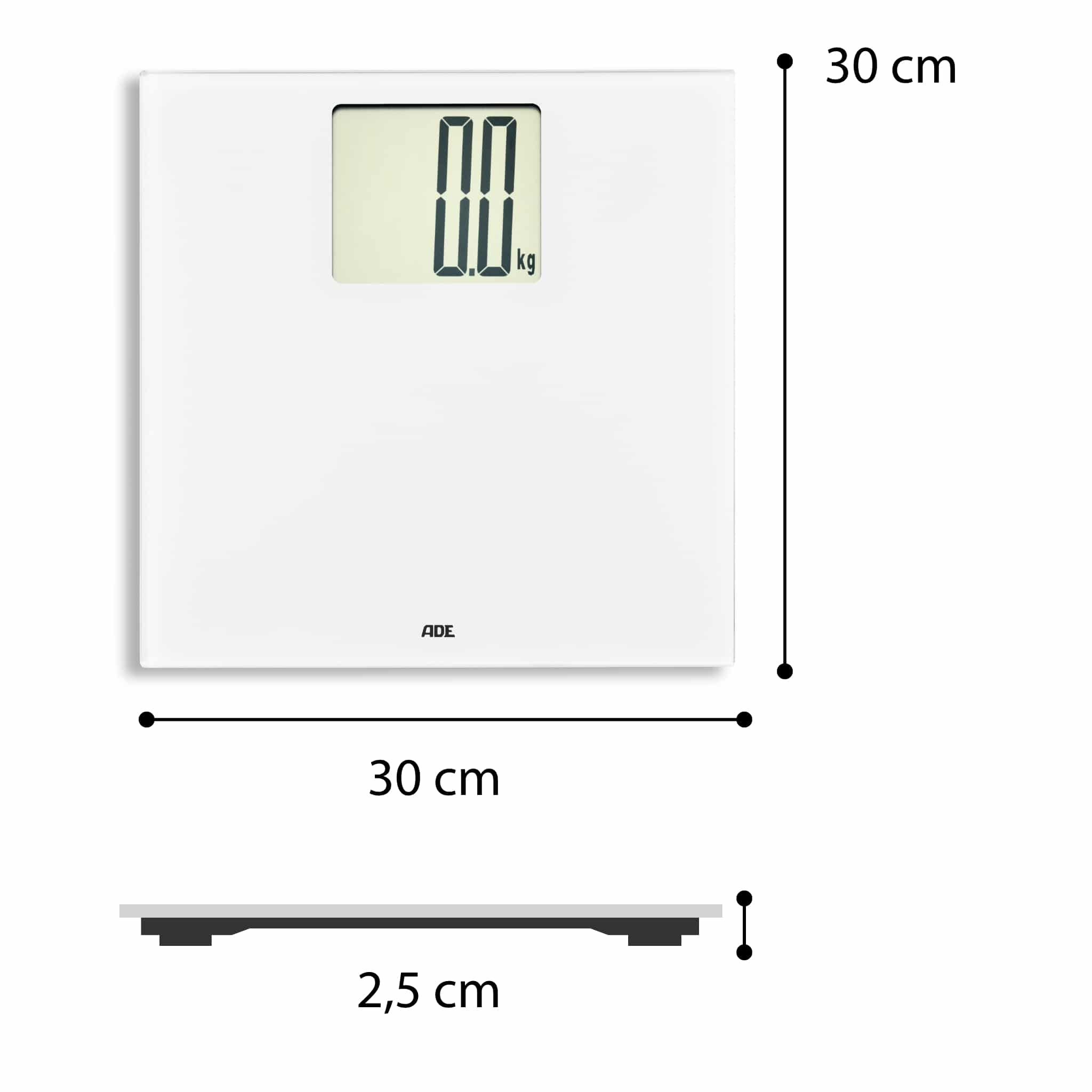 Bilancia da bagno digitale bianca con dimensioni. La bilancia è 30 cm x 30 cm x 2,5 cm. Il display mostra 0,0 kg.