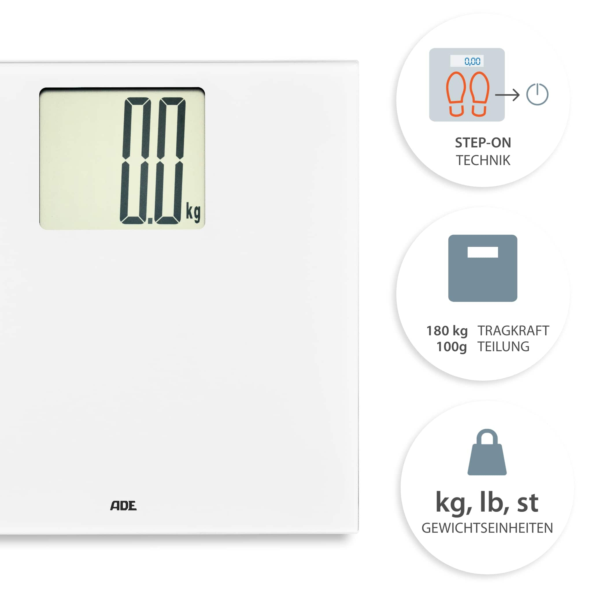 Bilancia da bagno digitale bianca con display, icone ed etichette di testo. Tecnologia Step-on.