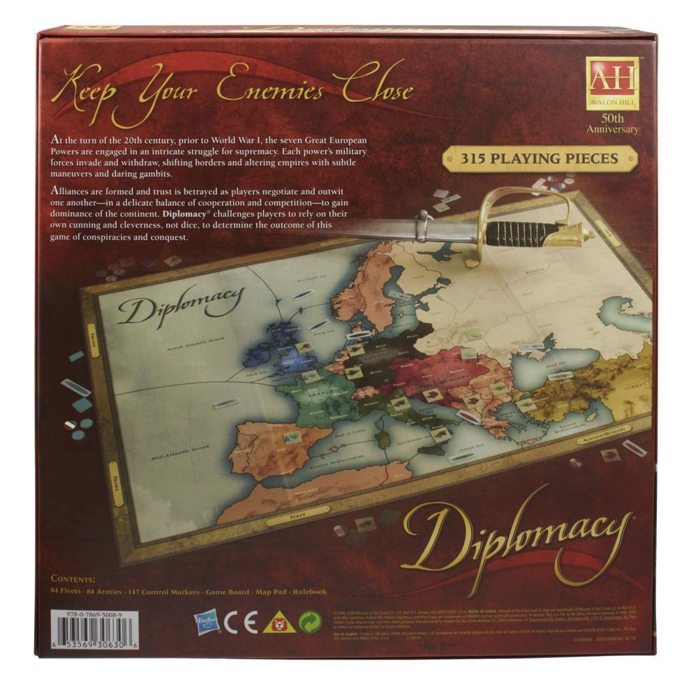 Parte trasera de la caja del juego de mesa Diplomacy, que muestra un mapa de Europa y texto sobre la intriga.