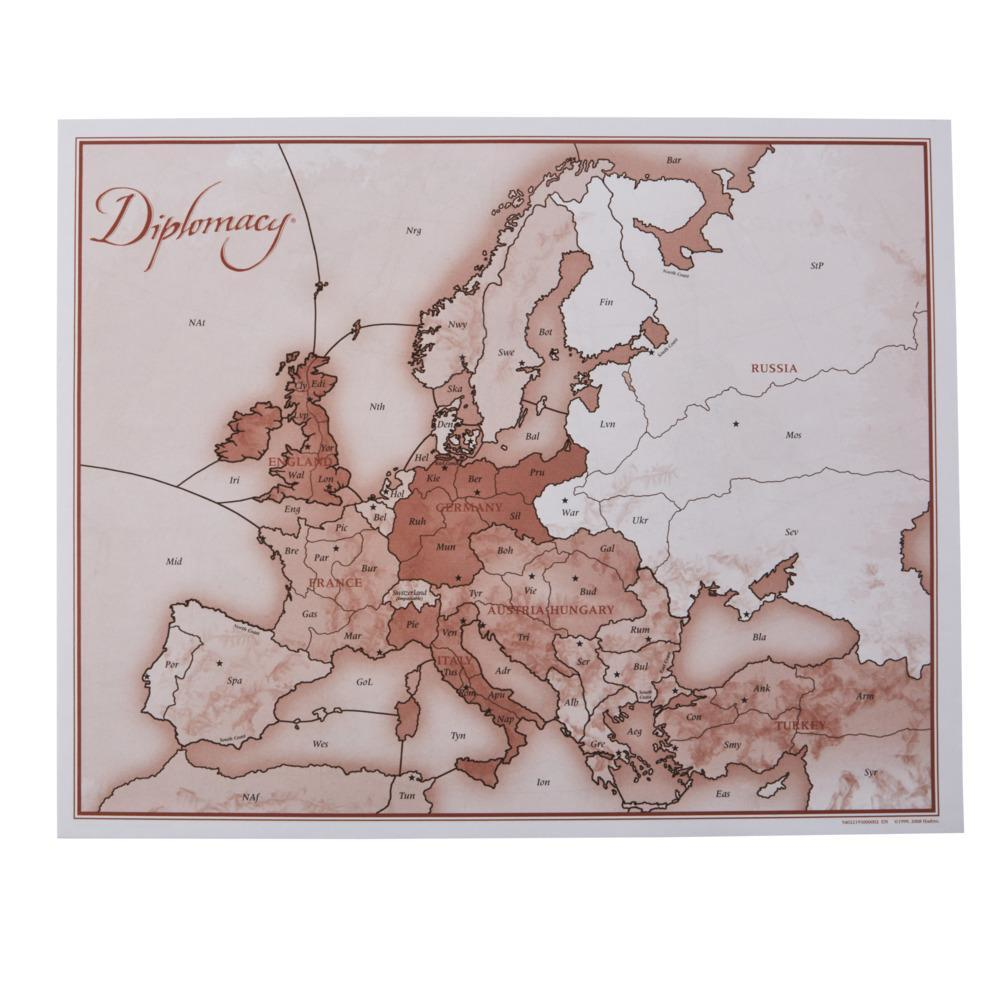 Mapa del juego de mesa Diplomacy de Europa, que muestra fronteras y nombres de países, en tonos sepia.