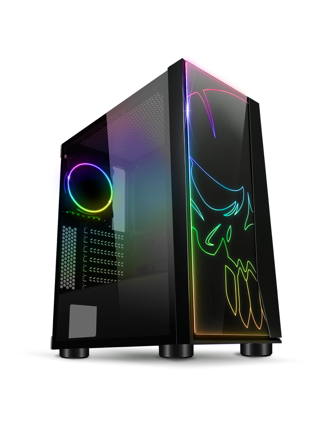 Case nero per computer con pannello laterale in vetro e illuminazione RGB con design a teschio.