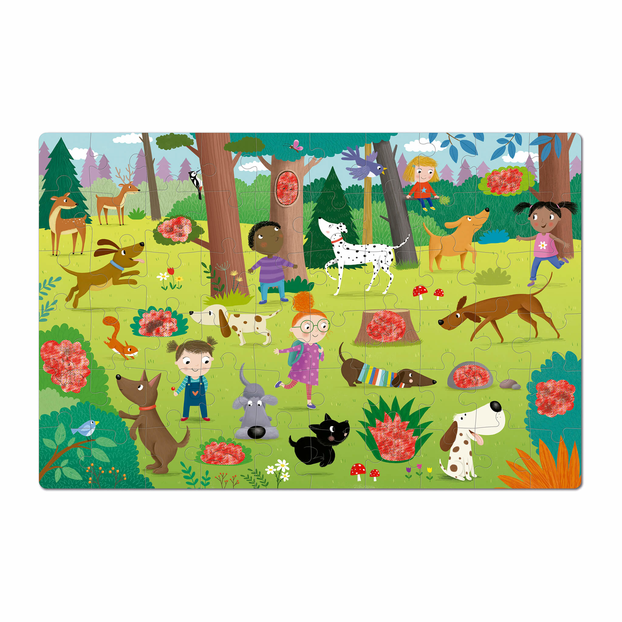Rompecabezas con perros, niños, árboles y varios objetos en un parque.