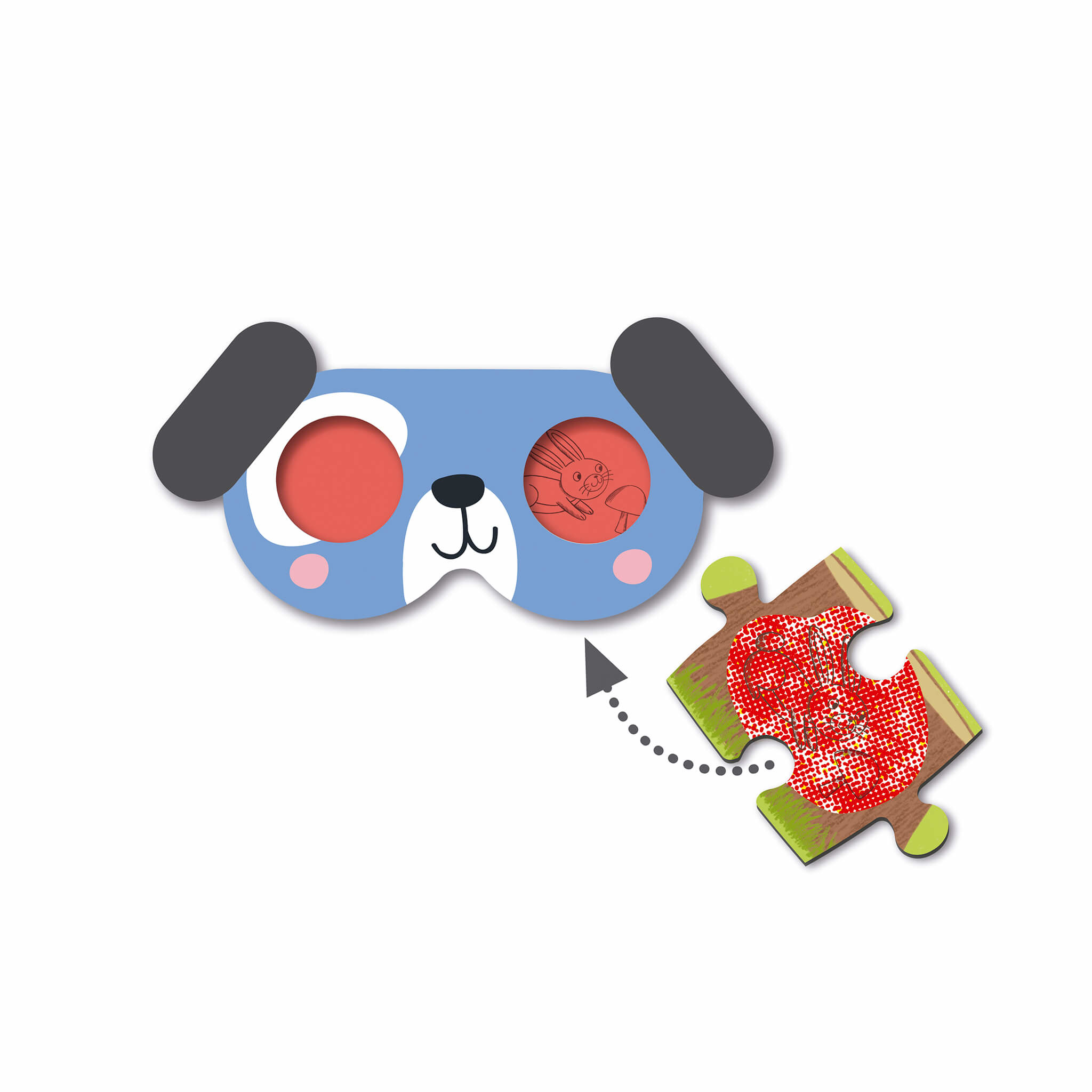 Una máscara de perro azul con una pieza de rompecabezas adjunta con una flecha. La pieza del rompecabezas es roja y verde.