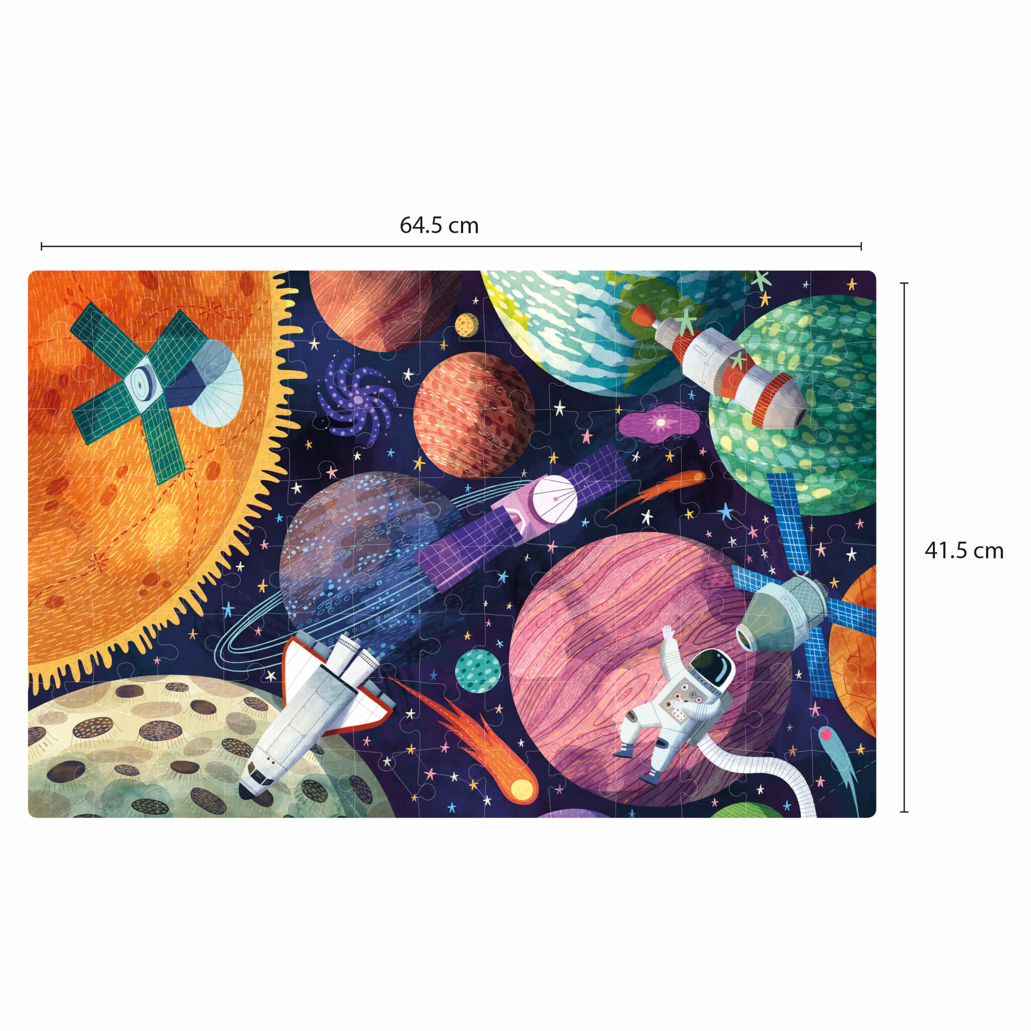 Un rompecabezas completo con temática espacial con planetas, astronautas y un sol.