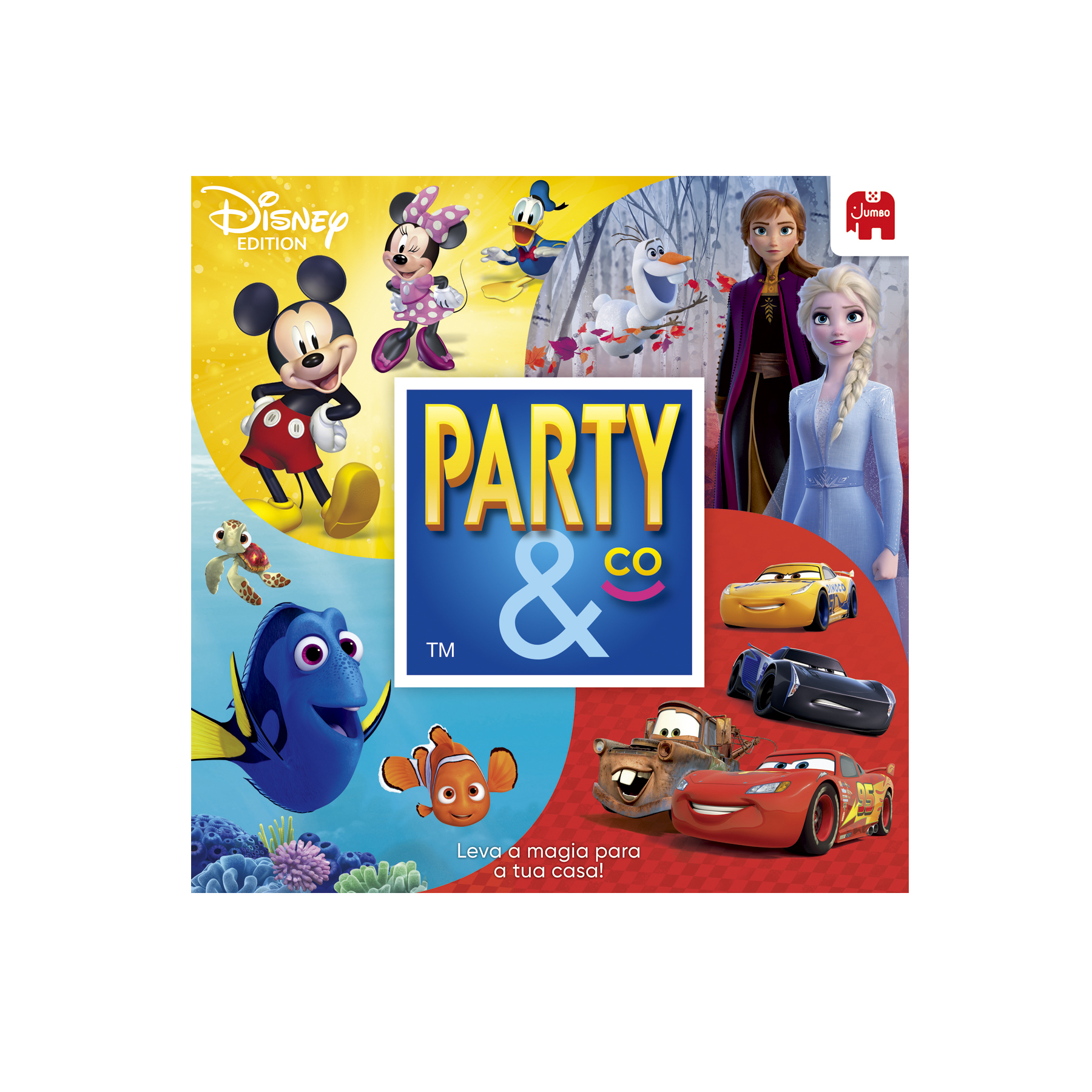 Caja del juego Disney Party & Co. Vista superior muestra personajes de Disney y contenido del juego.