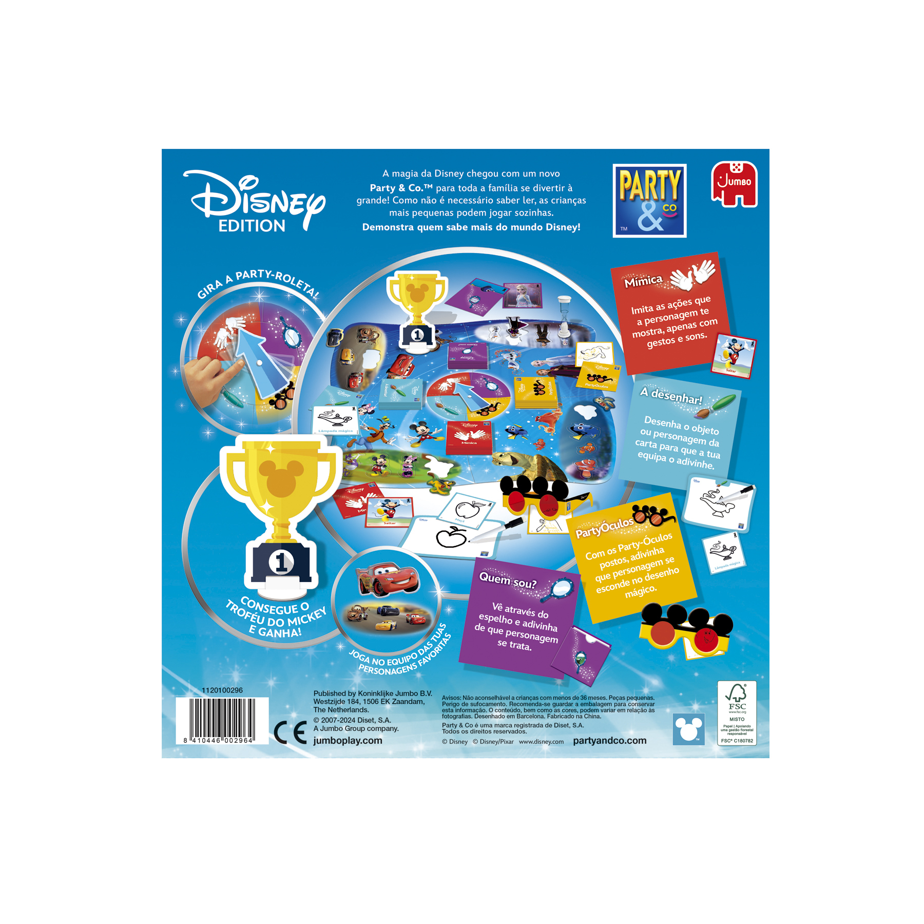 Parte trasera de la caja del juego Disney Party & Co., mostrando instrucciones y personajes. Mickey Mouse.