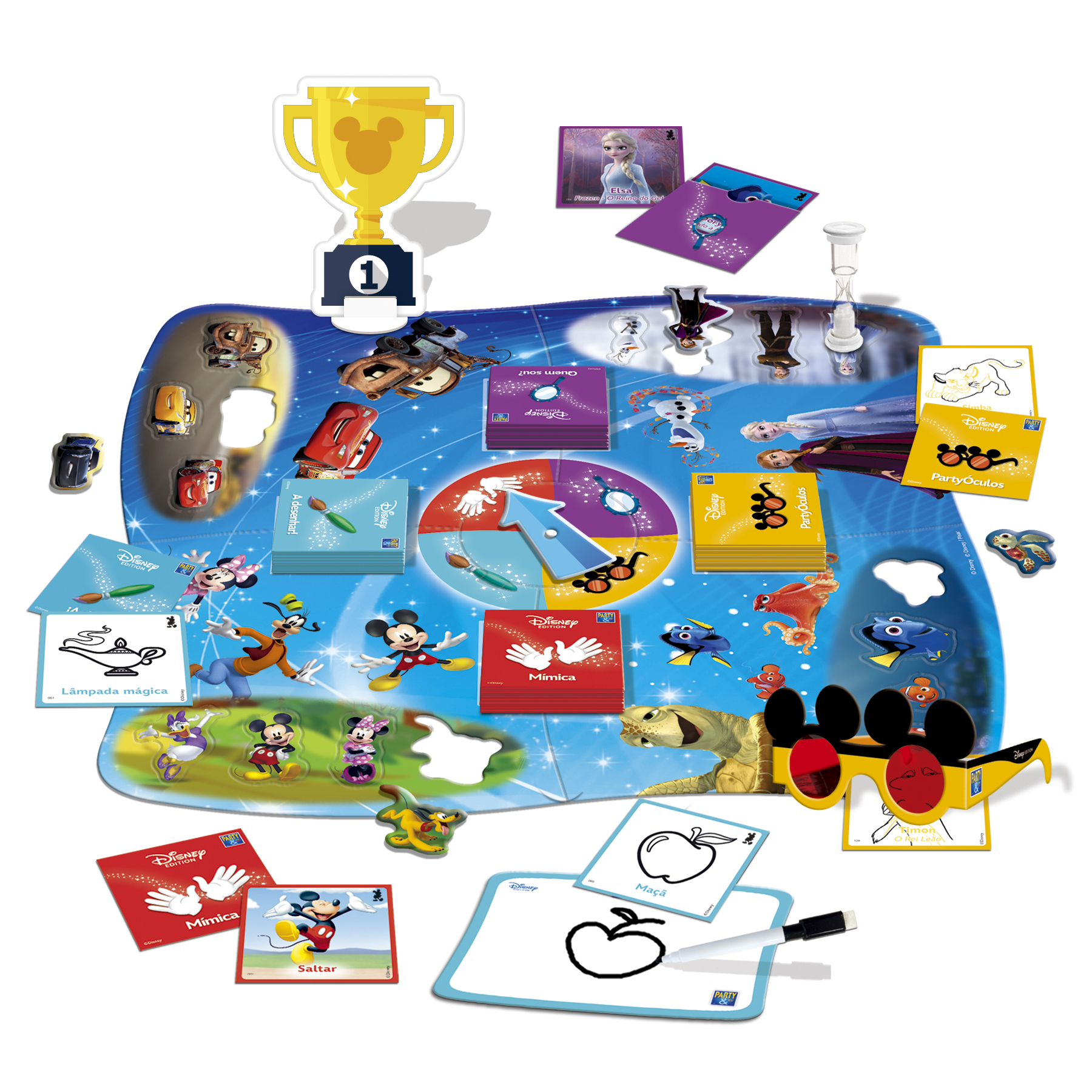 Tablero de juego Disney Party & Co. Varios personajes de Disney y elementos del juego, cartas y un trofeo.