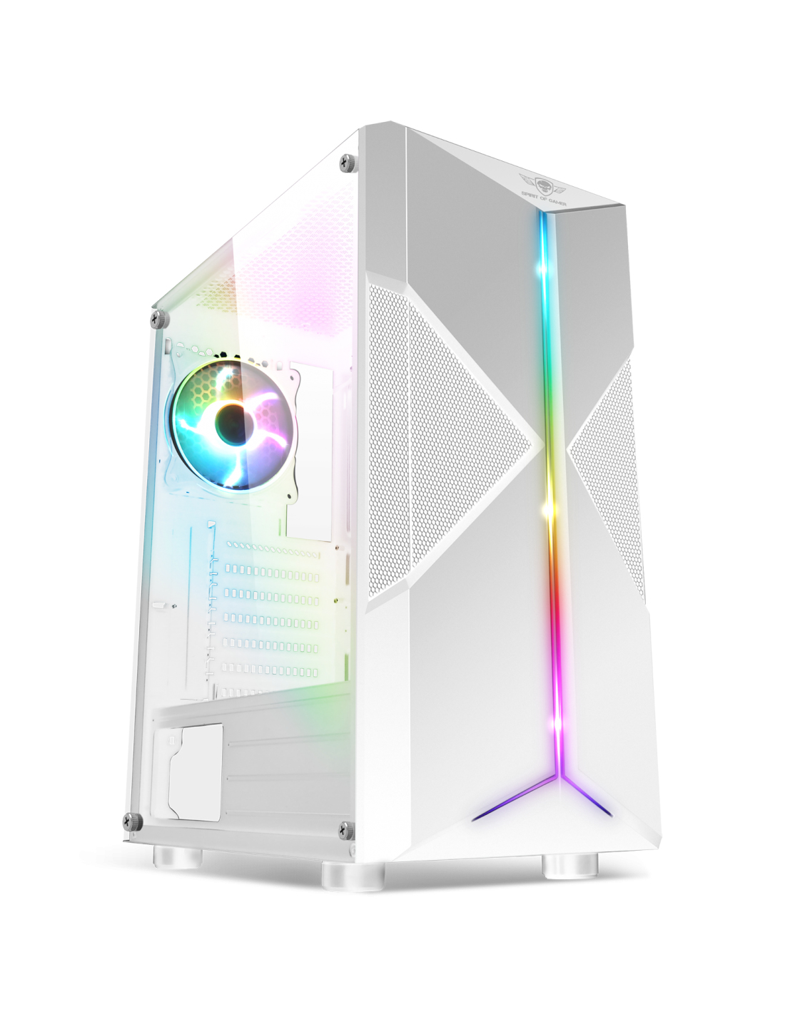 Case per PC bianco con illuminazione frontale colorata. La custodia ha un pannello laterale trasparente.