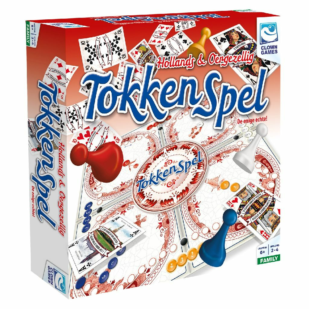 TokkenSpel bordspelbox. Toont speelstukken, kaarten en het spelbord.