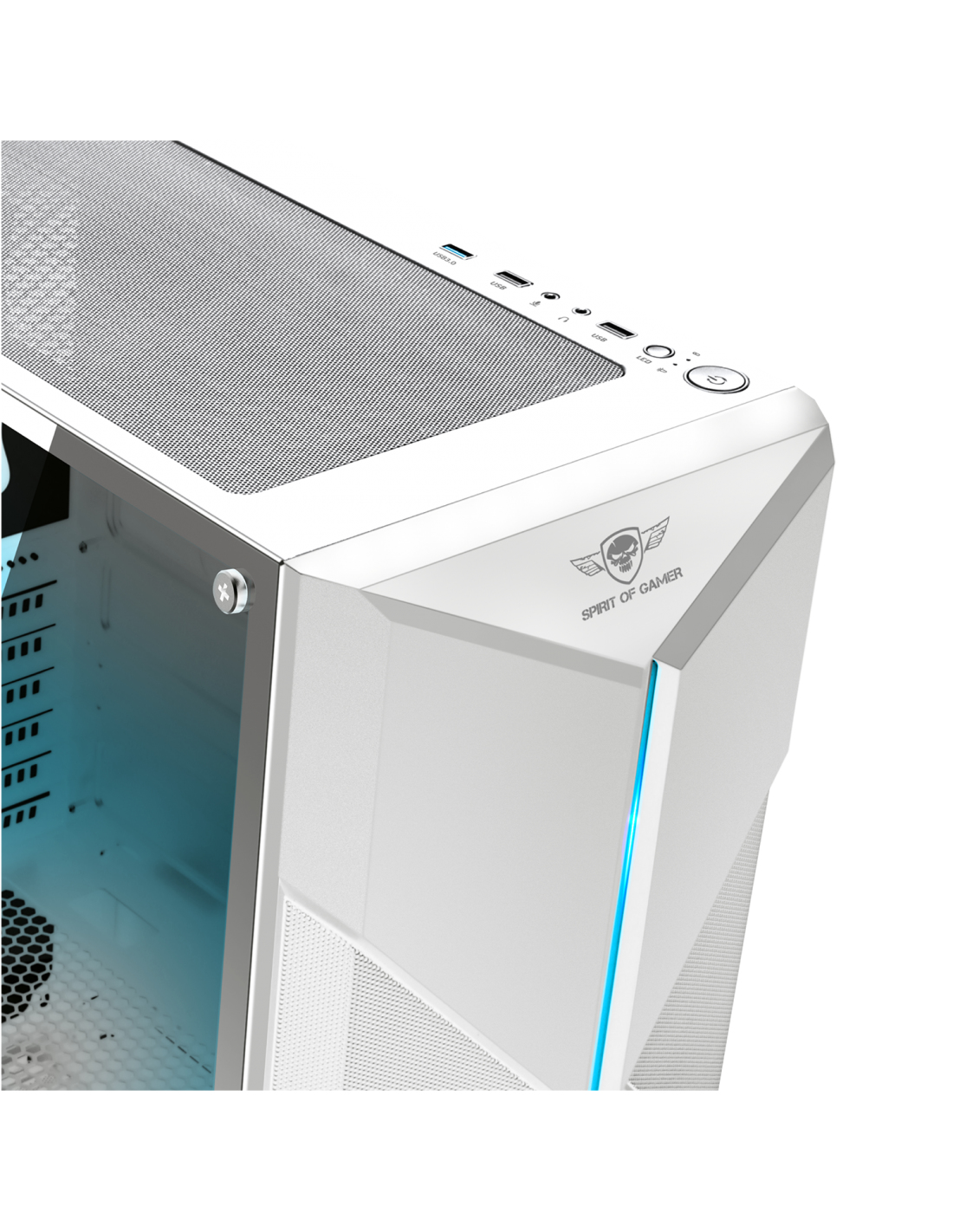 Angolo del case del PC bianco. Mostra la parte superiore e laterale con il pulsante di accensione e le porte USB.