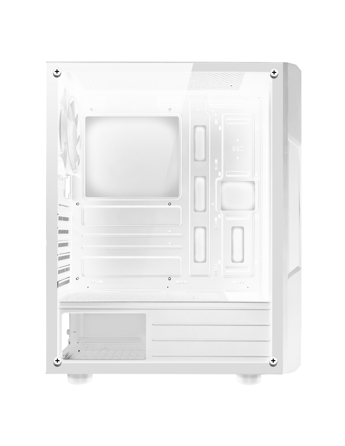 Interno del case del PC bianco. Mostra spazio vuoto, punti di montaggio e il pannello posteriore.