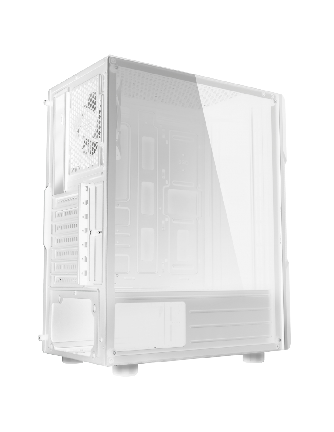 Interno del case del PC bianco. Mostra il lato con slot di montaggio e il lato trasparente.