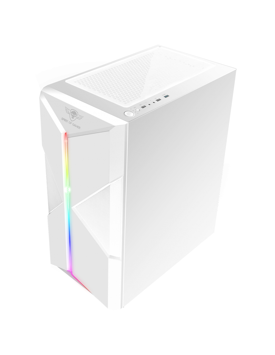 Case per computer bianco con striscia luminosa laterale. Vista dall'alto.