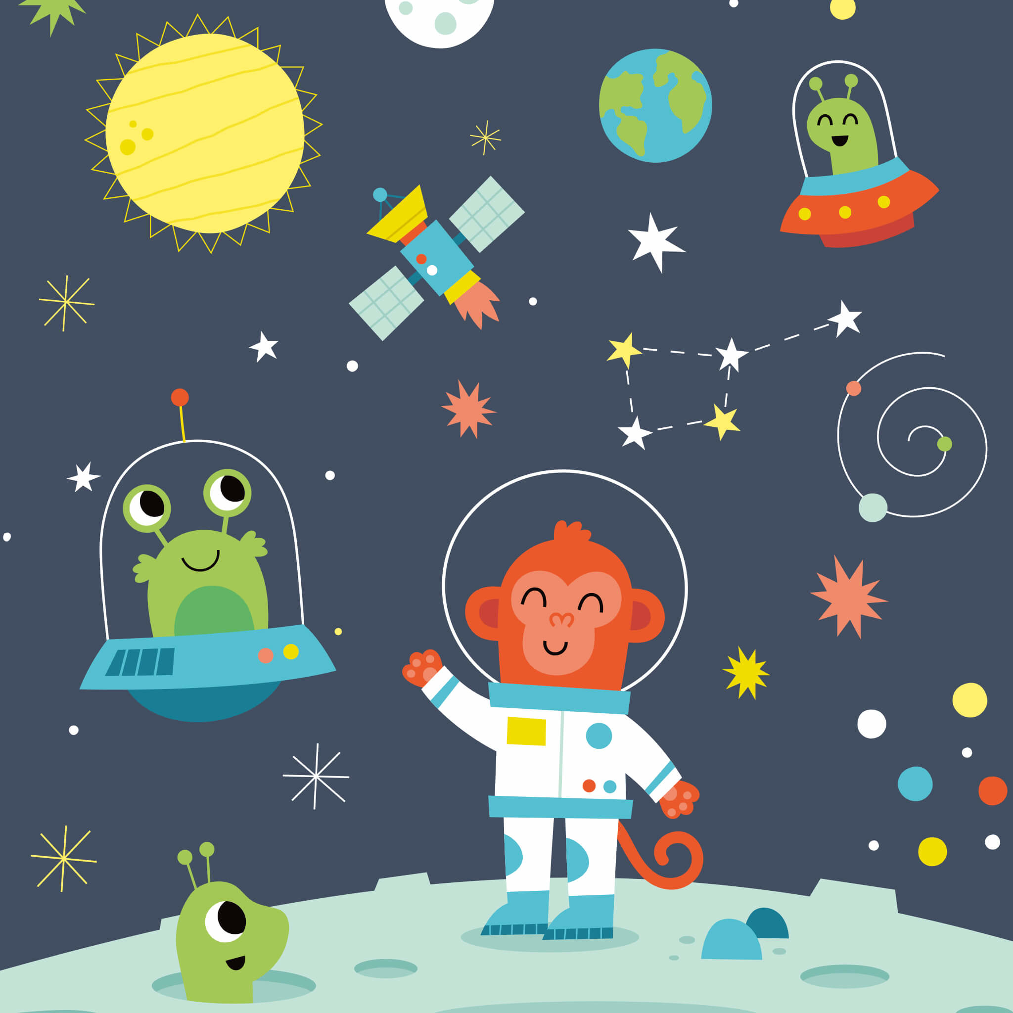 Illustrazione a tema spaziale. Scimmia astronauta, alieni, stelle, pianeti e navicella spaziale.
