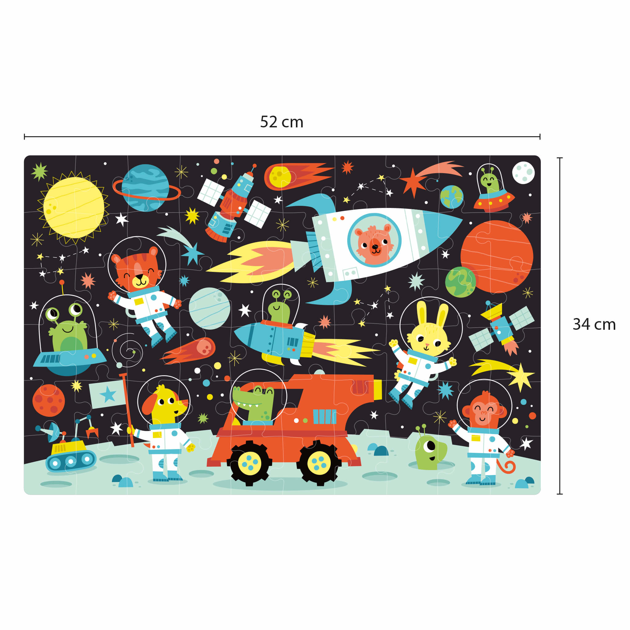 Puzzle a tema spaziale. Astronauti, razzi, pianeti, alieni e vari elementi spaziali.