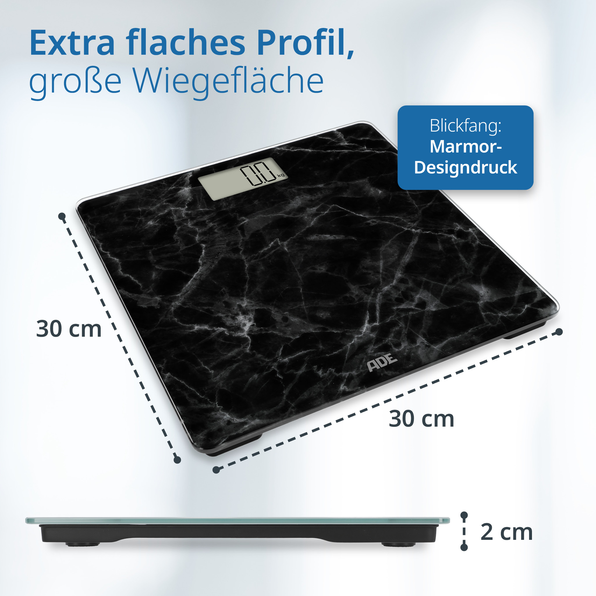 Czarna waga z marmurowym wzorem, z wymiarami i tekstem wskazującym jej cechy. Białe tło.