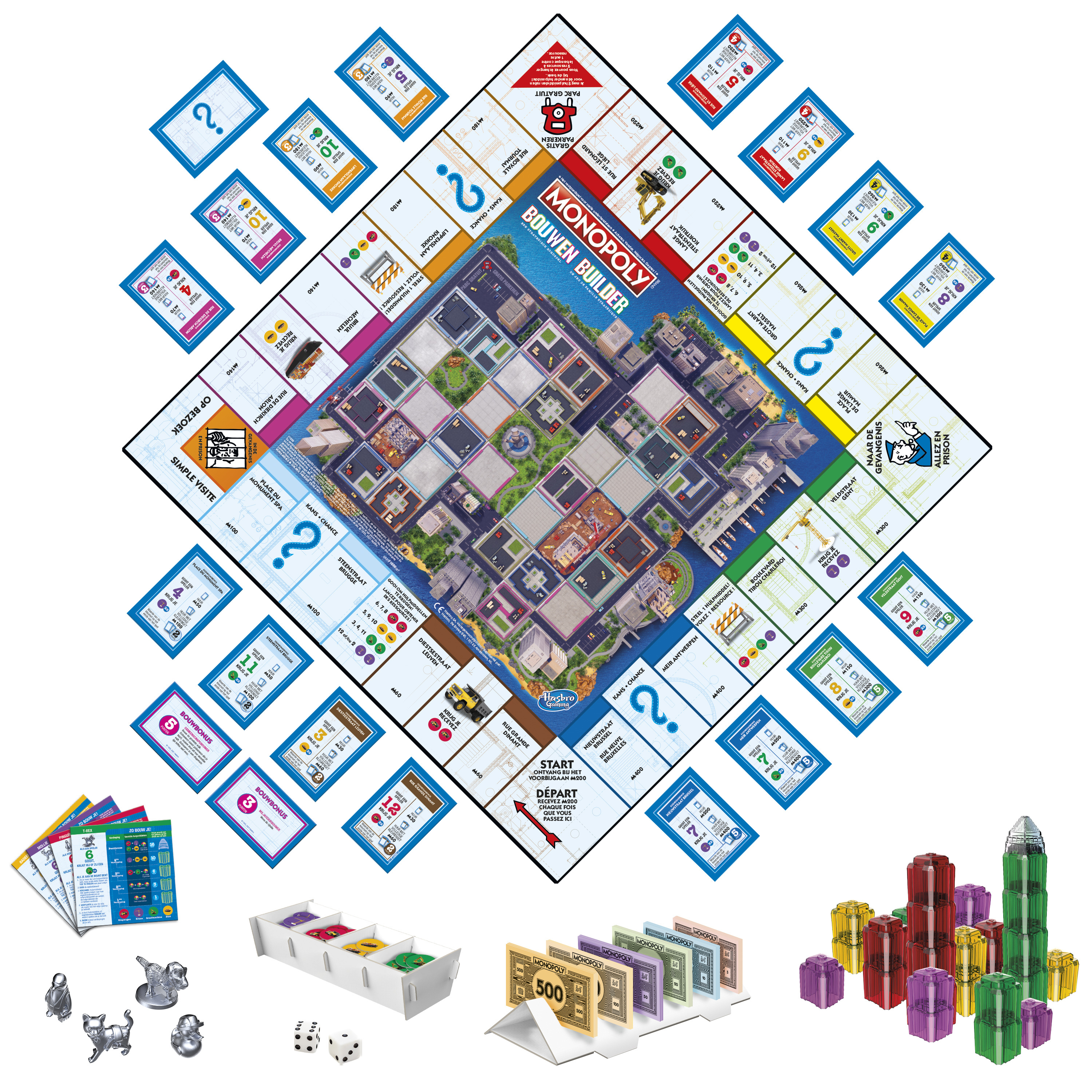 Monopoly Builder spelset. Gebouwen, kaarten, dobbelstenen en geld liggen op het spelbord.
