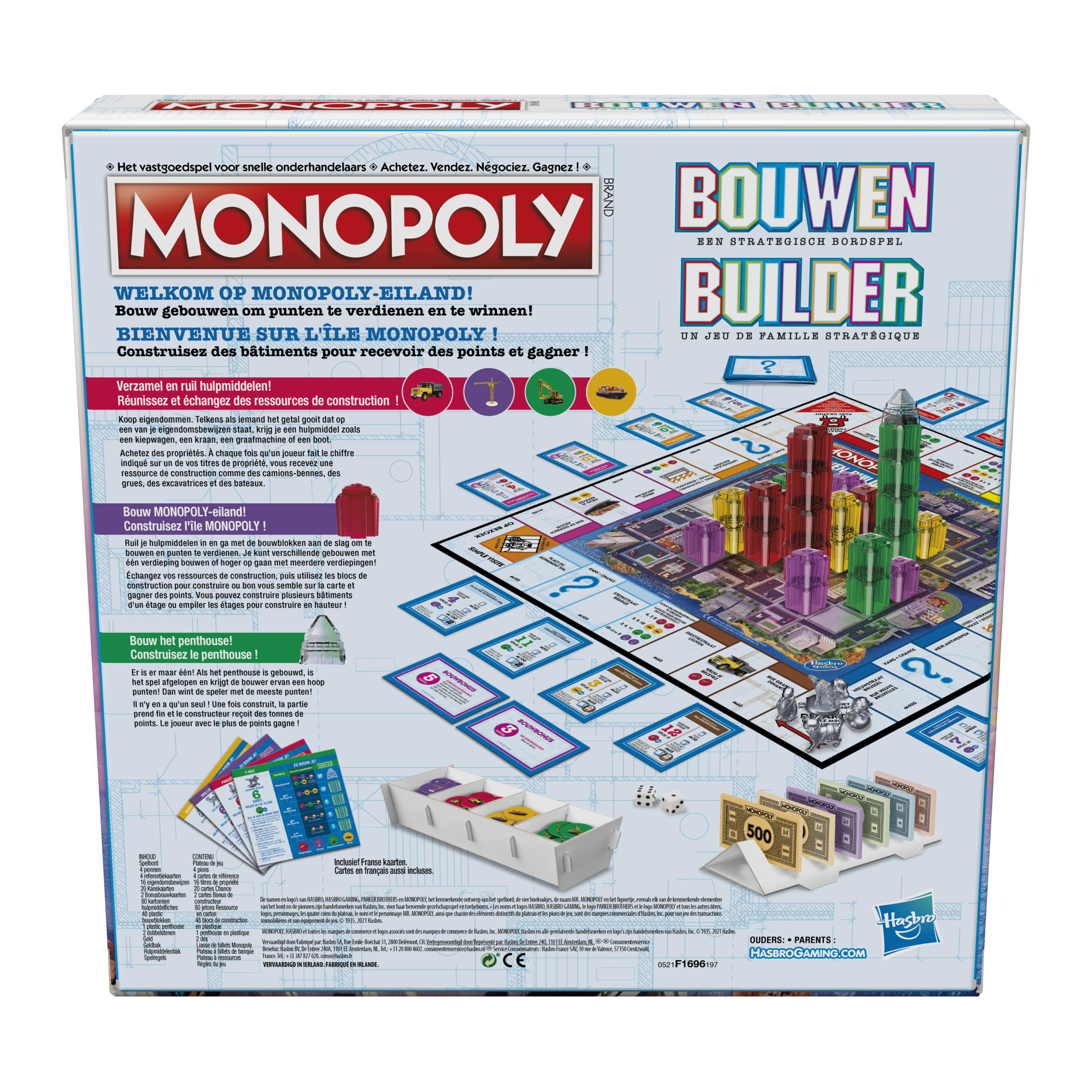 Monopoly Builder speldoos. Gebouwen en een kraan staan op de doos. Het spel is voor gezinnen.