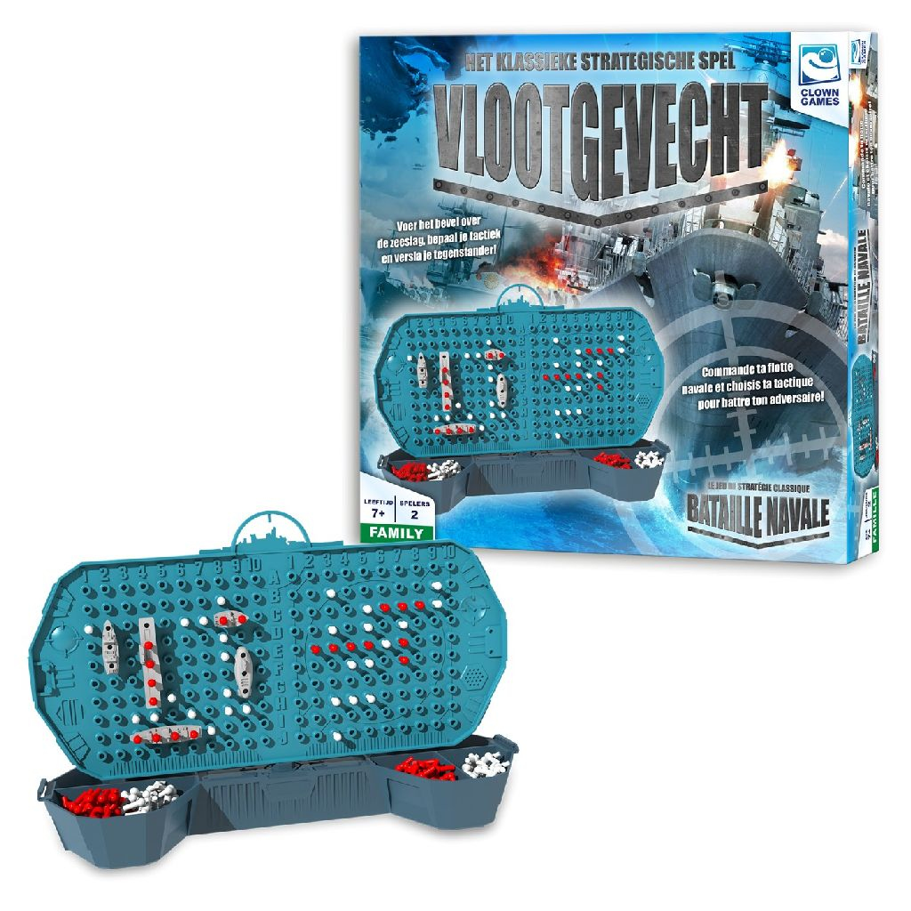 Zeeslag speldoos. Het spel staat op de doos. Het spel bevat schepen en een raster.