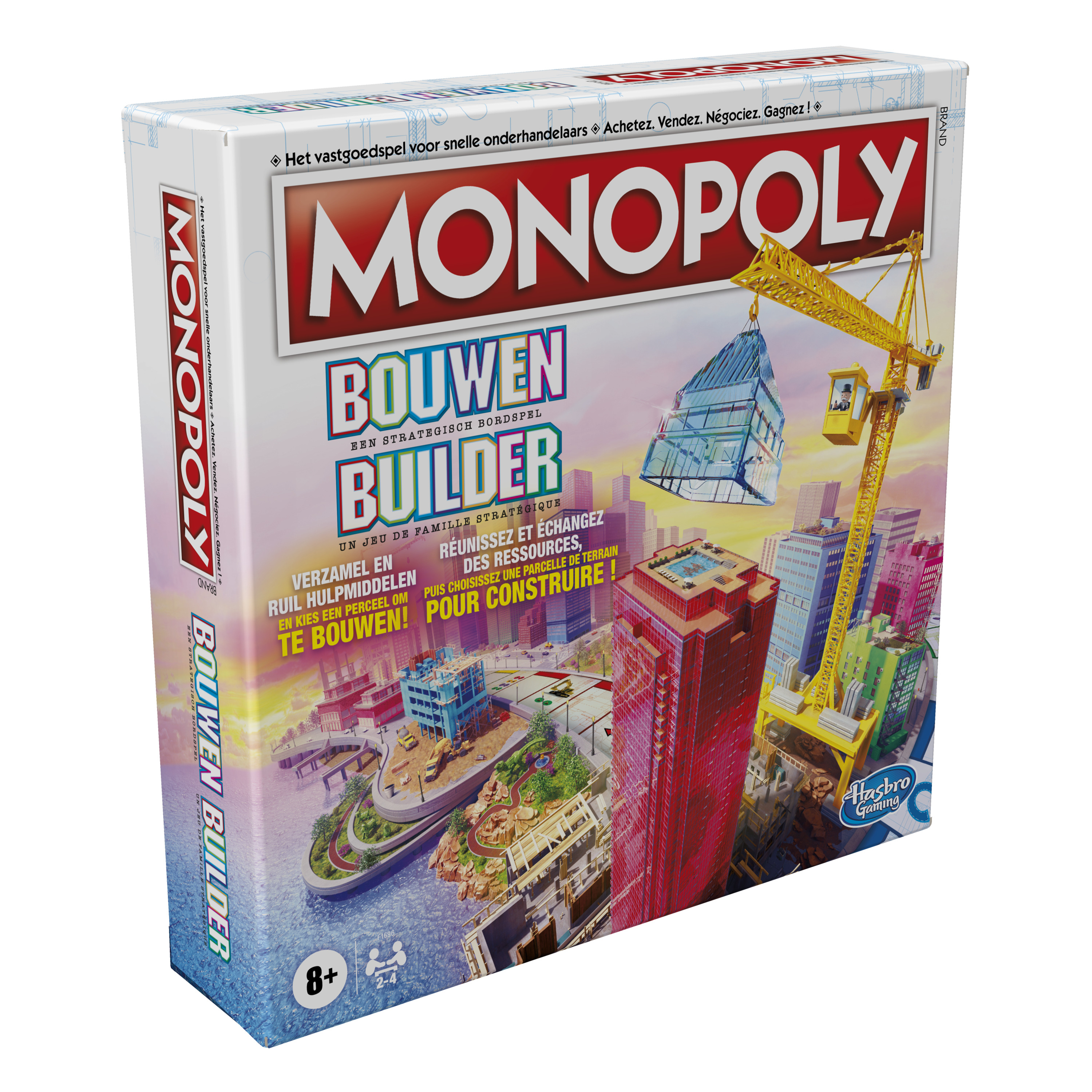 Monopoly Builder speldoos. De doos toont gebouwen en een kraan. Het spel is voor gezinnen.