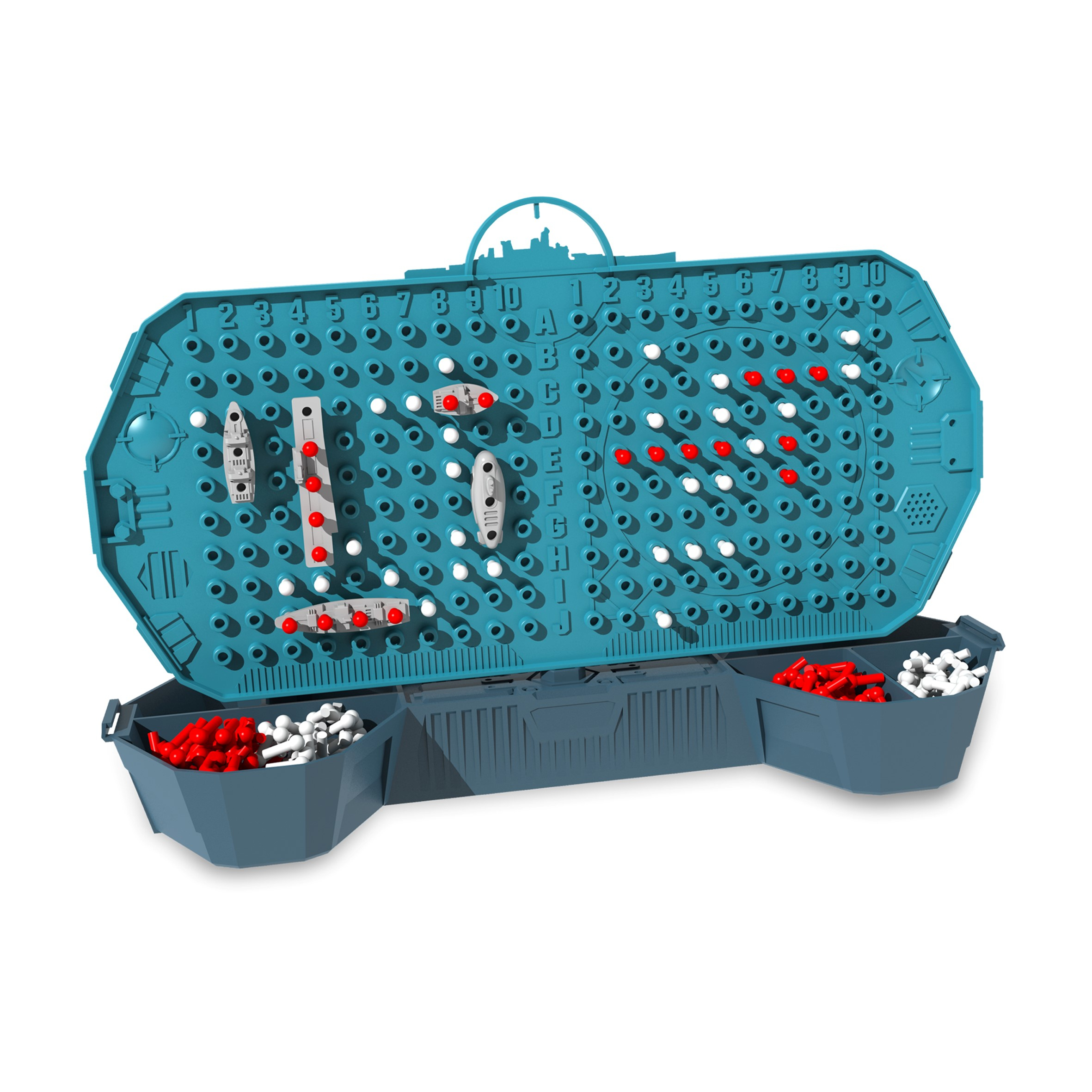 Zeeslag spelbord met spelstukken. Het bord is blauw met witte en rode pinnen, en spelstukken.