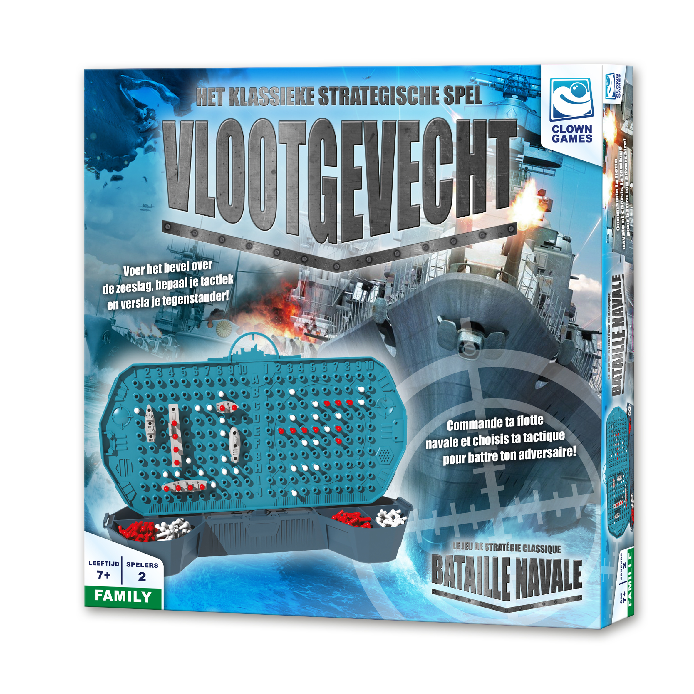 Zeeslag speldoos. De doos toont schepen en explosies. Het spel is voor gezinnen.