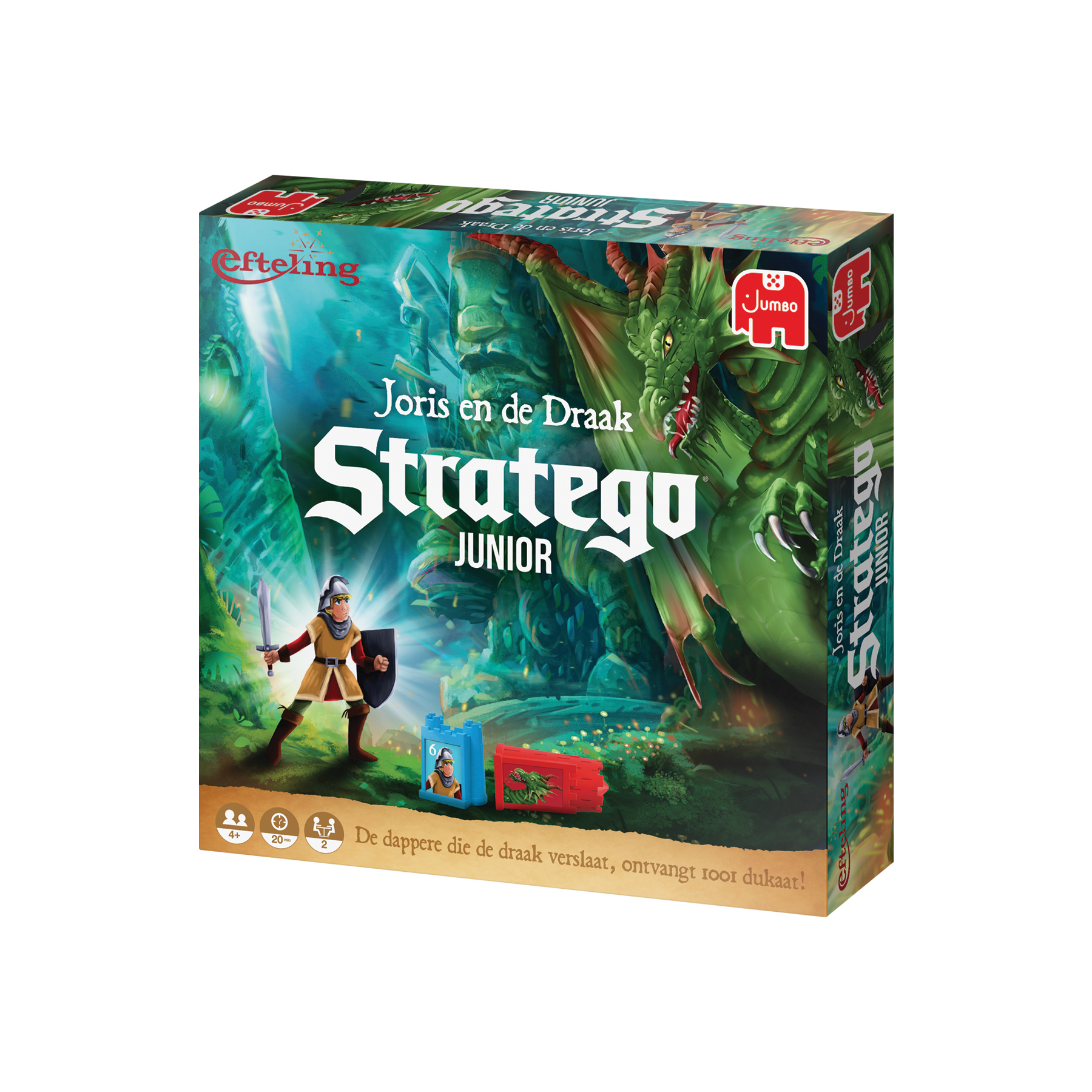 Caja del juego Stratego Junior con un caballero y un dragón, y el juego configurado en el lateral.