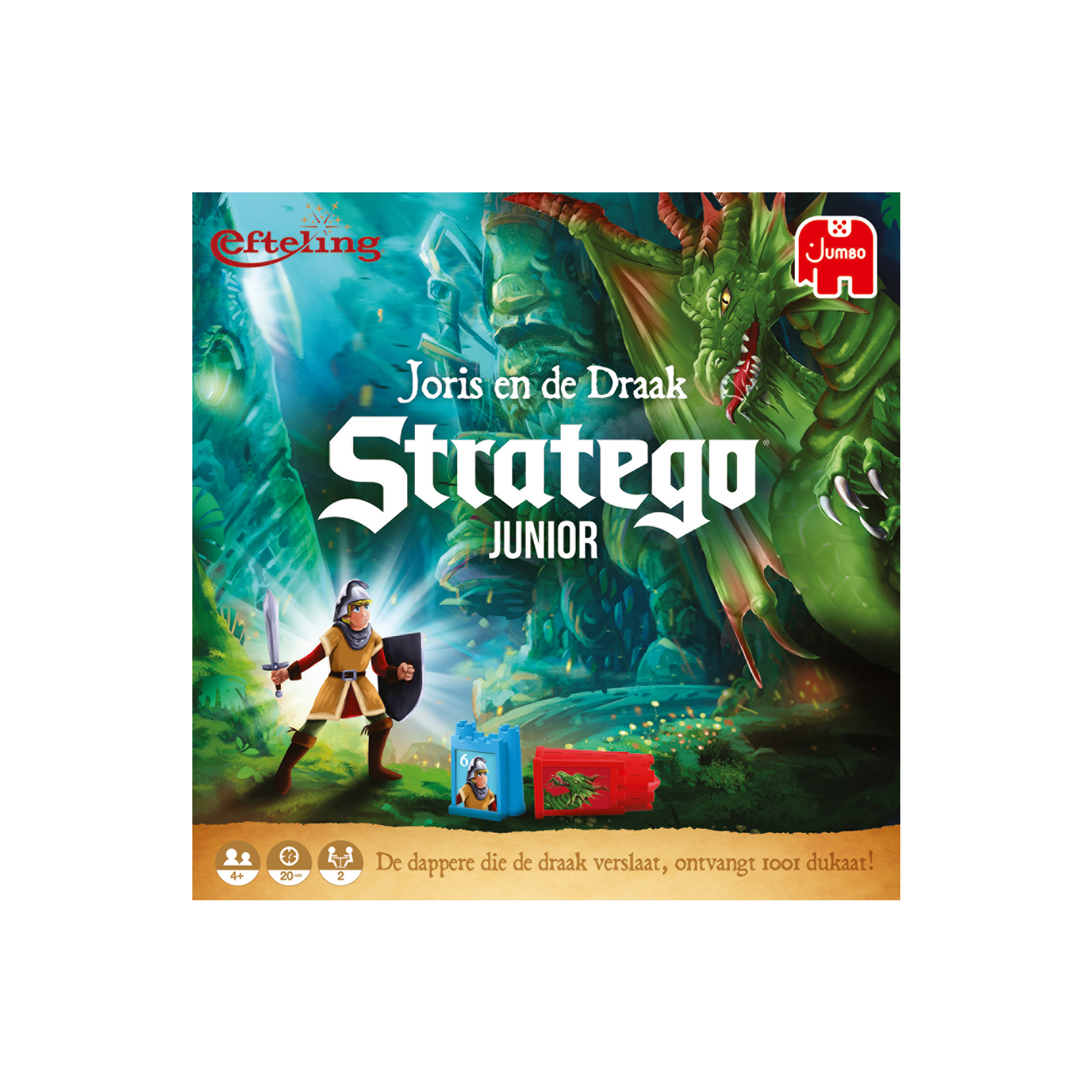 Caja del juego Stratego Junior con un caballero y un dragón. El juego está montado en la tapa de la caja.