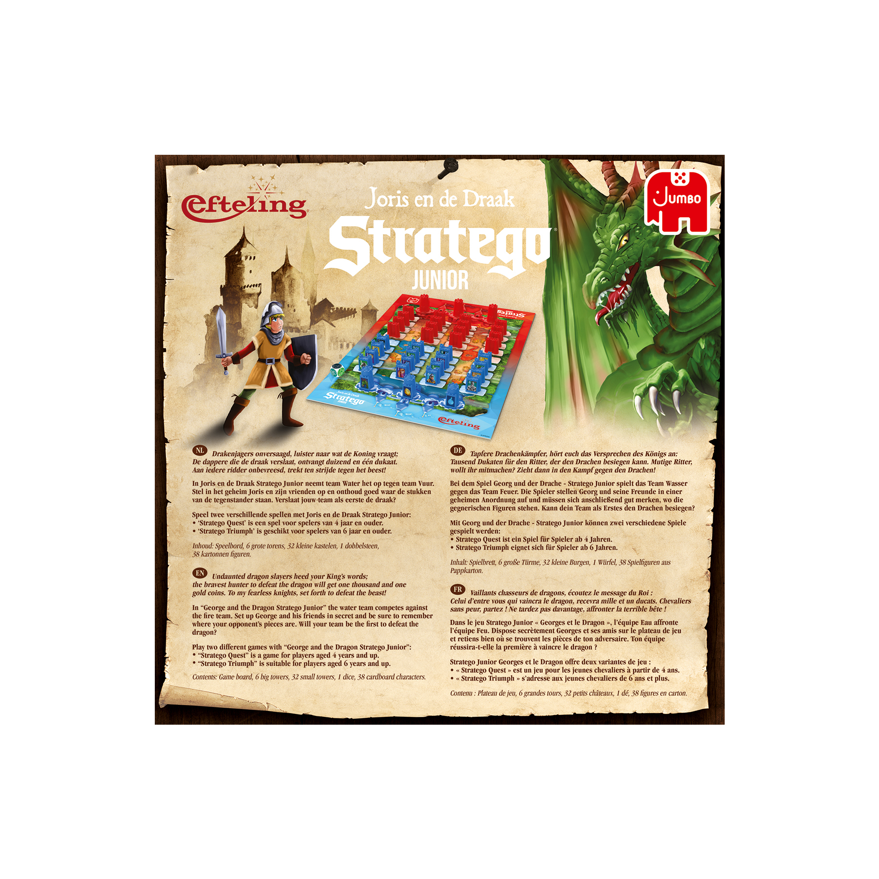 Póster con un dragón, un caballero y el juego de mesa Stratego Junior. El texto está en holandés.