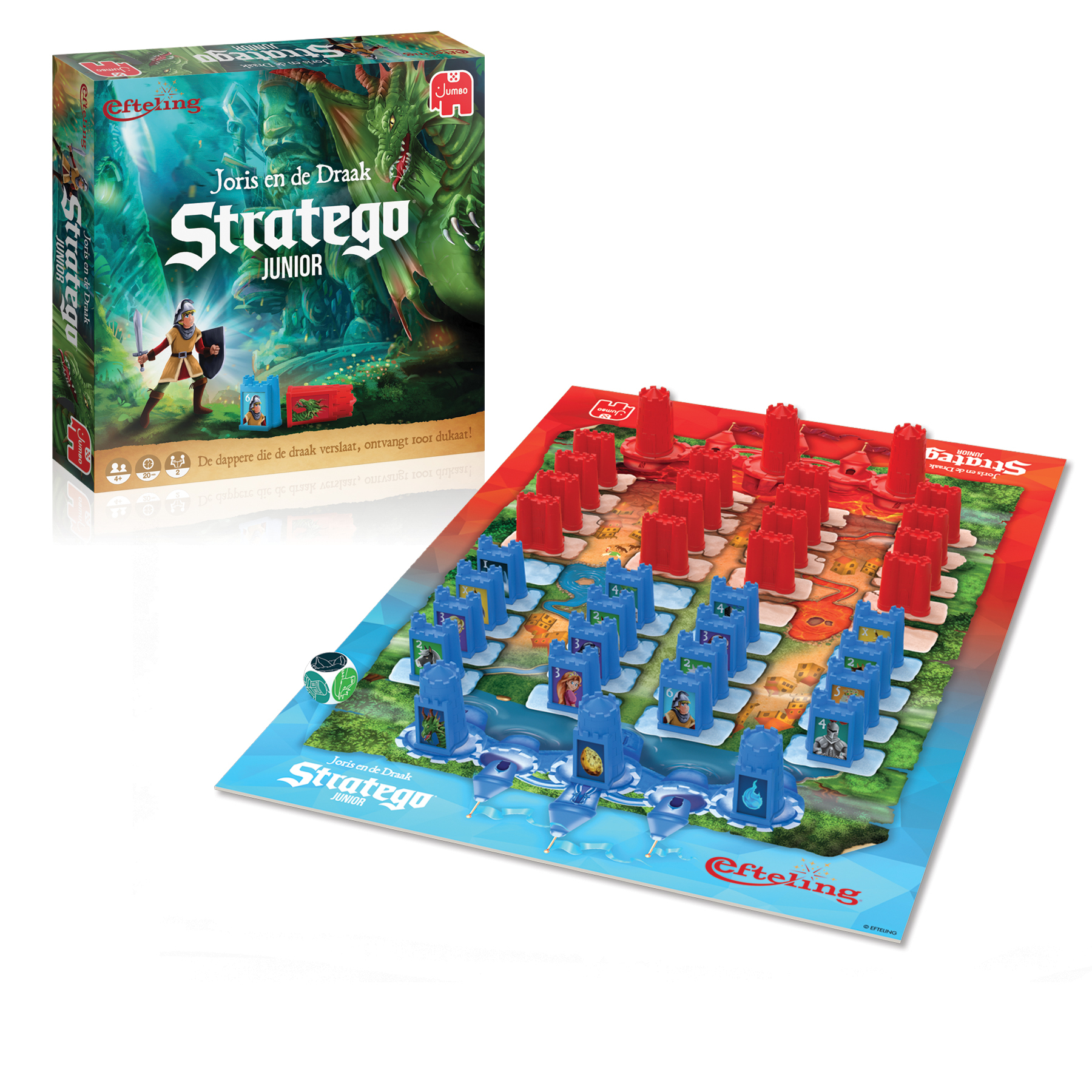 Juego de mesa Stratego Junior con piezas rojas y azules, caja y un dado sobre una superficie blanca.