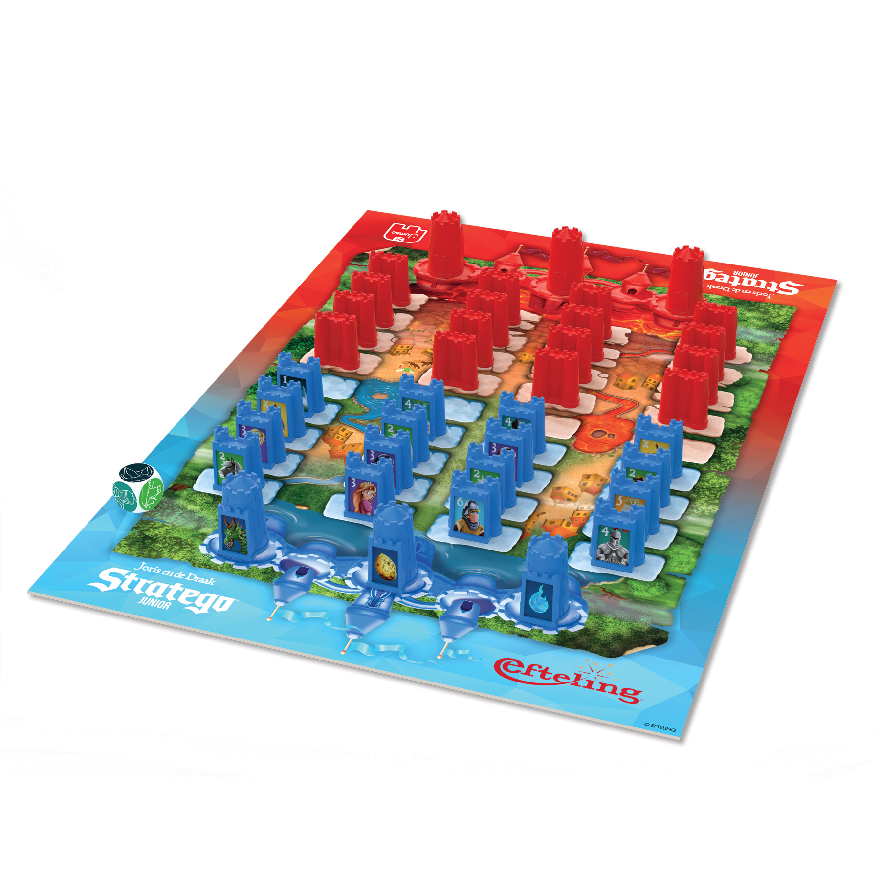 Juego de mesa Stratego Junior que muestra el juego configurado en una superficie blanca con piezas rojas y azules y un dado.