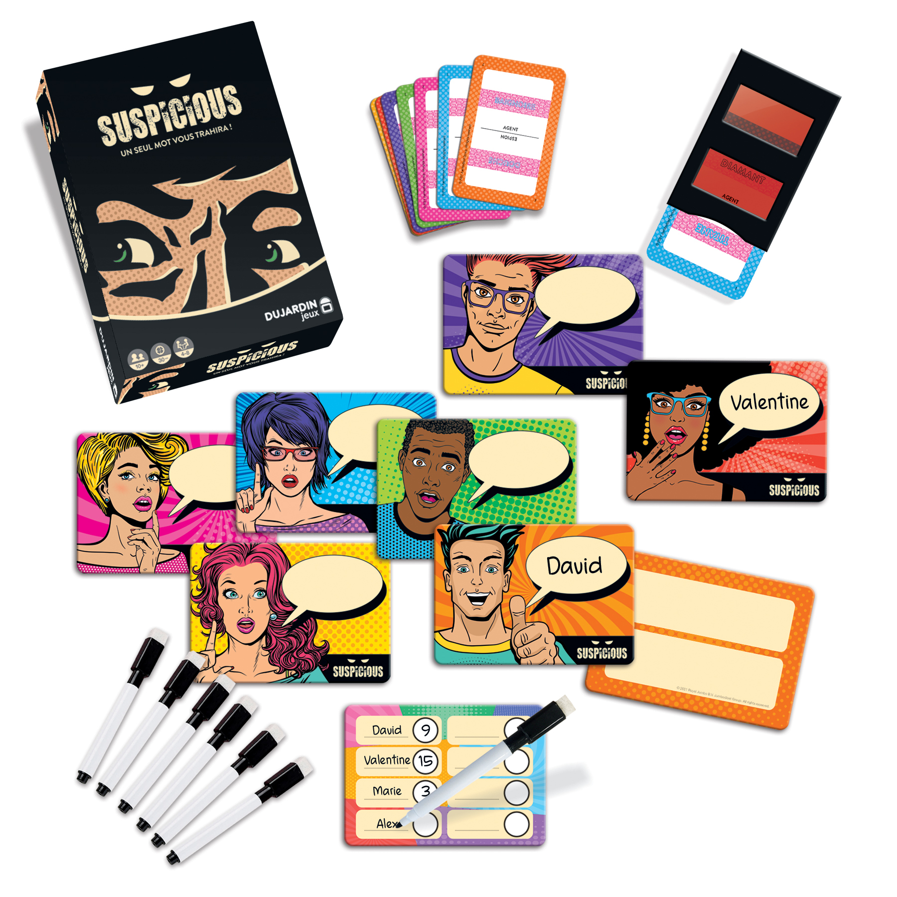 Eine Brettspielbox und Karten mit Comicfiguren und Sprechblasen. Stifte und Namensschilder sind ebenfalls sichtbar.