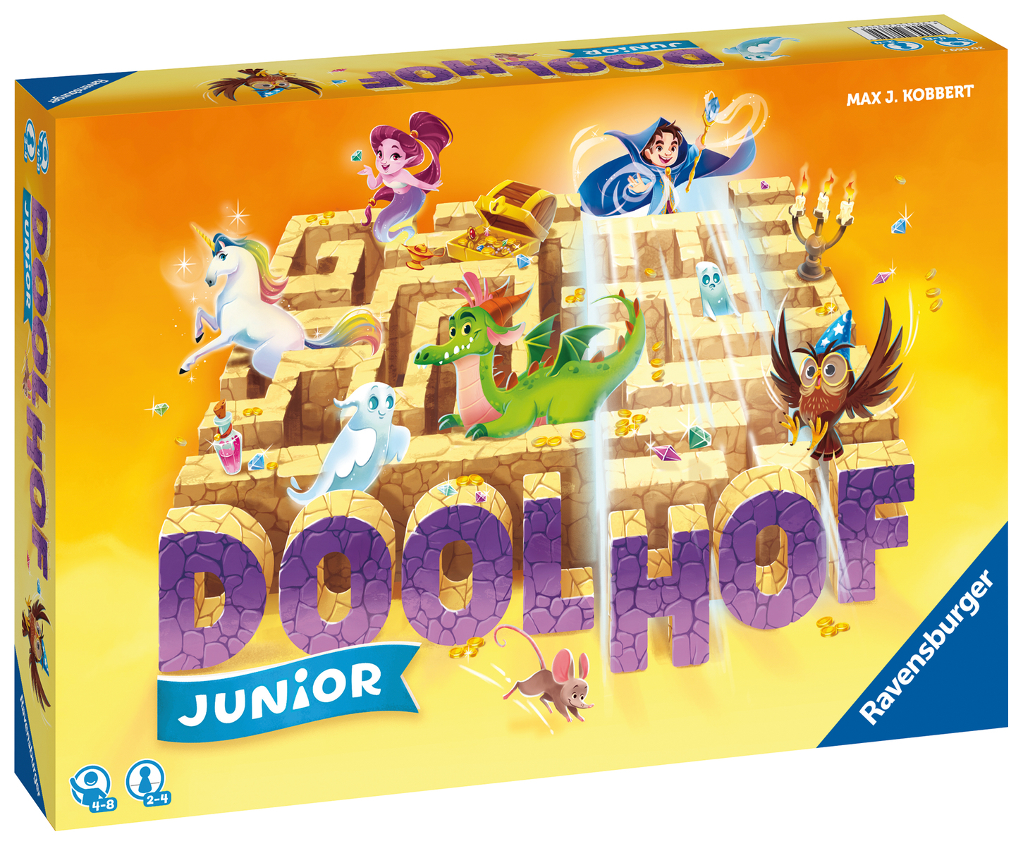 Een bordspeldoos met een fantasiethema, met een doolhof, een eenhoorn, een draak en andere personages.