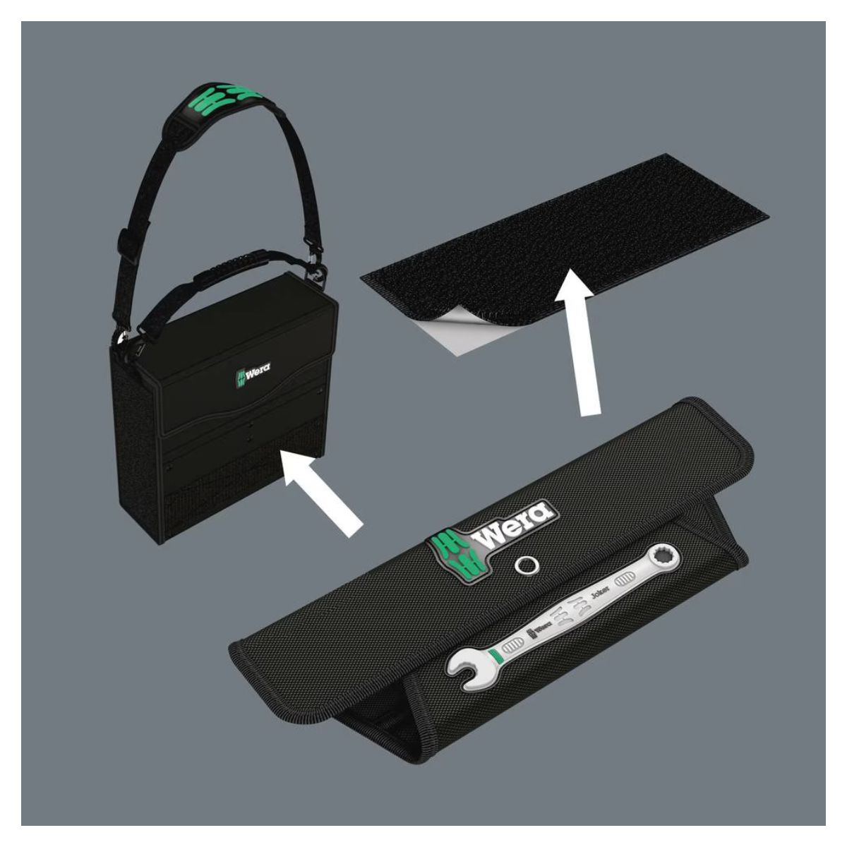 Black tool bag with strap, tool roll, and velcro. Tools are visible inside.