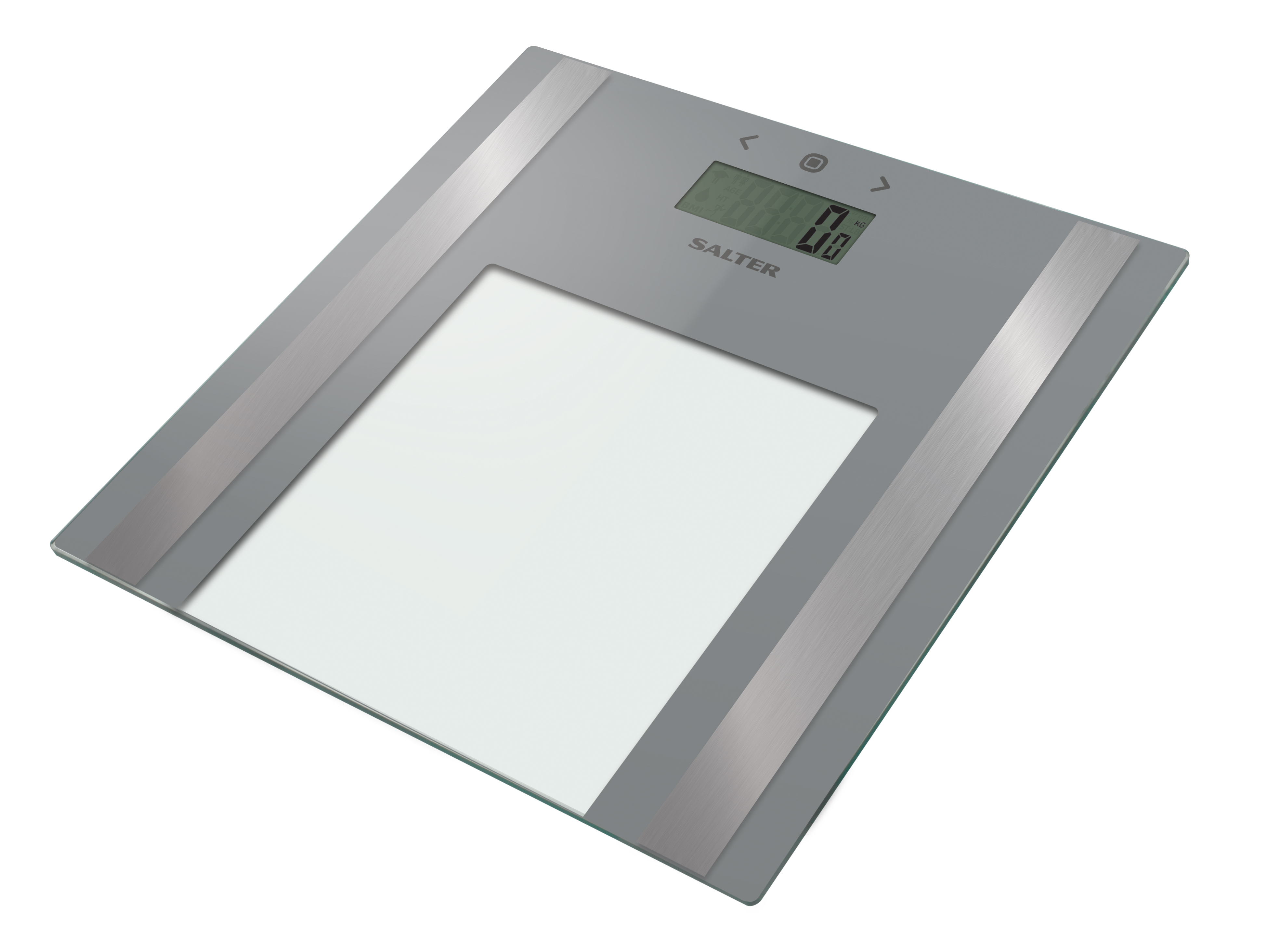 Szara cyfrowa waga łazienkowa ze szklanym blatem. Wskazuje 0,0 kg i ma markę Salter.