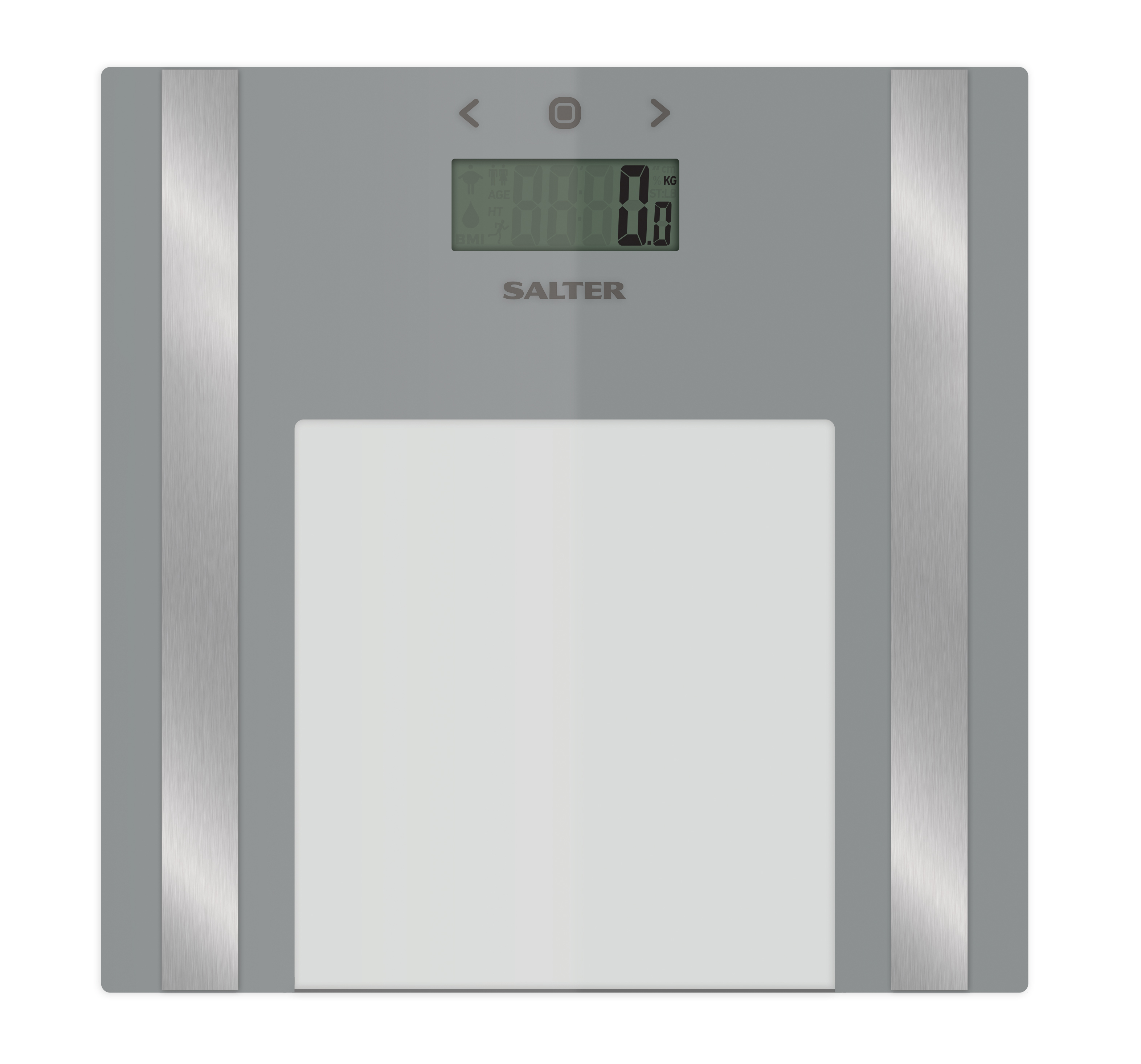 Szara cyfrowa waga łazienkowa z marką Salter. Na wyświetlaczu widnieje 0,0 kg.