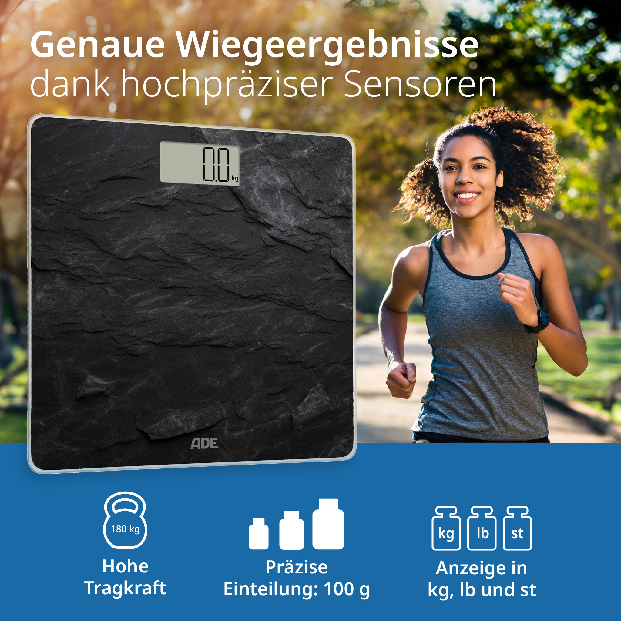 Kobieta biegnie w pobliżu wagi cyfrowej. Waga pokazuje 0,0. Tekst mówi precyzyjne czujniki, duża pojemność i wyświetla kg, lb, st.