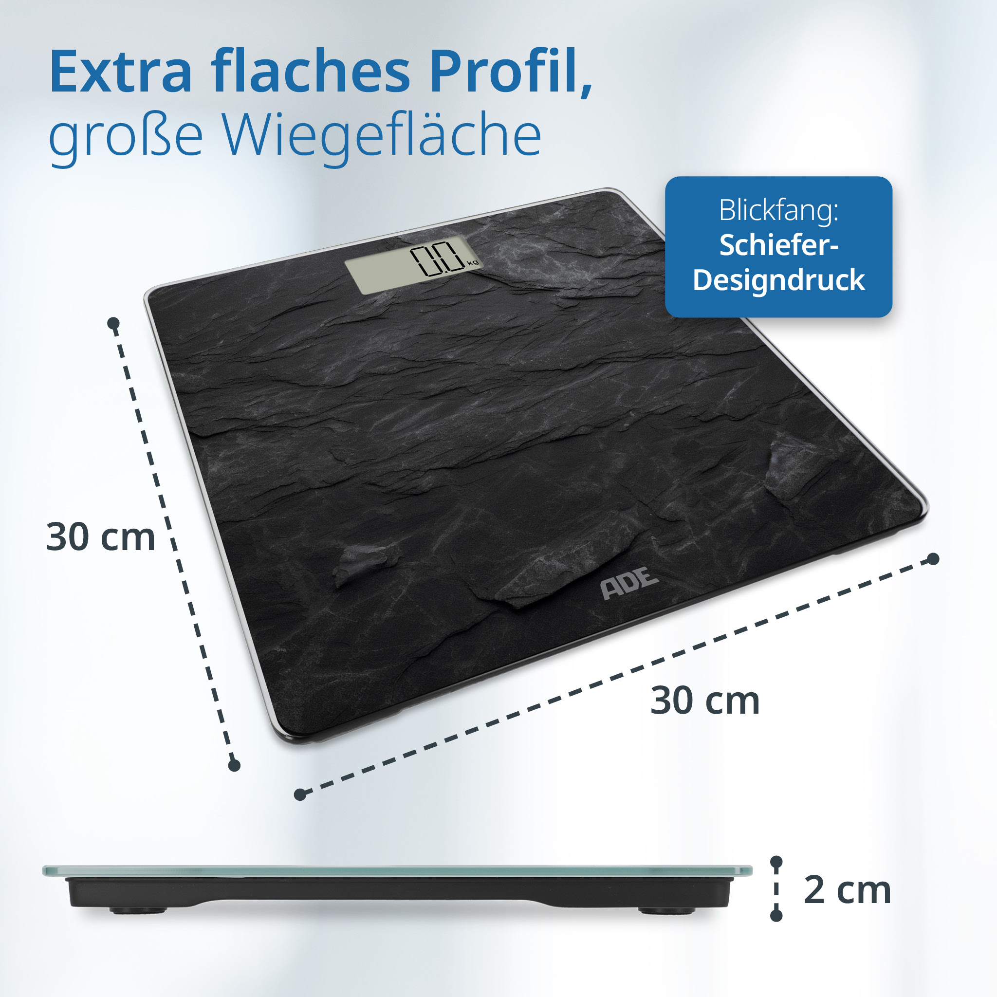 Czarna waga cyfrowa z wymiarami i tekstem. Tekst mówi o bardzo płaskim profilu, dużej powierzchni ważenia. Wymiary są pokazane.