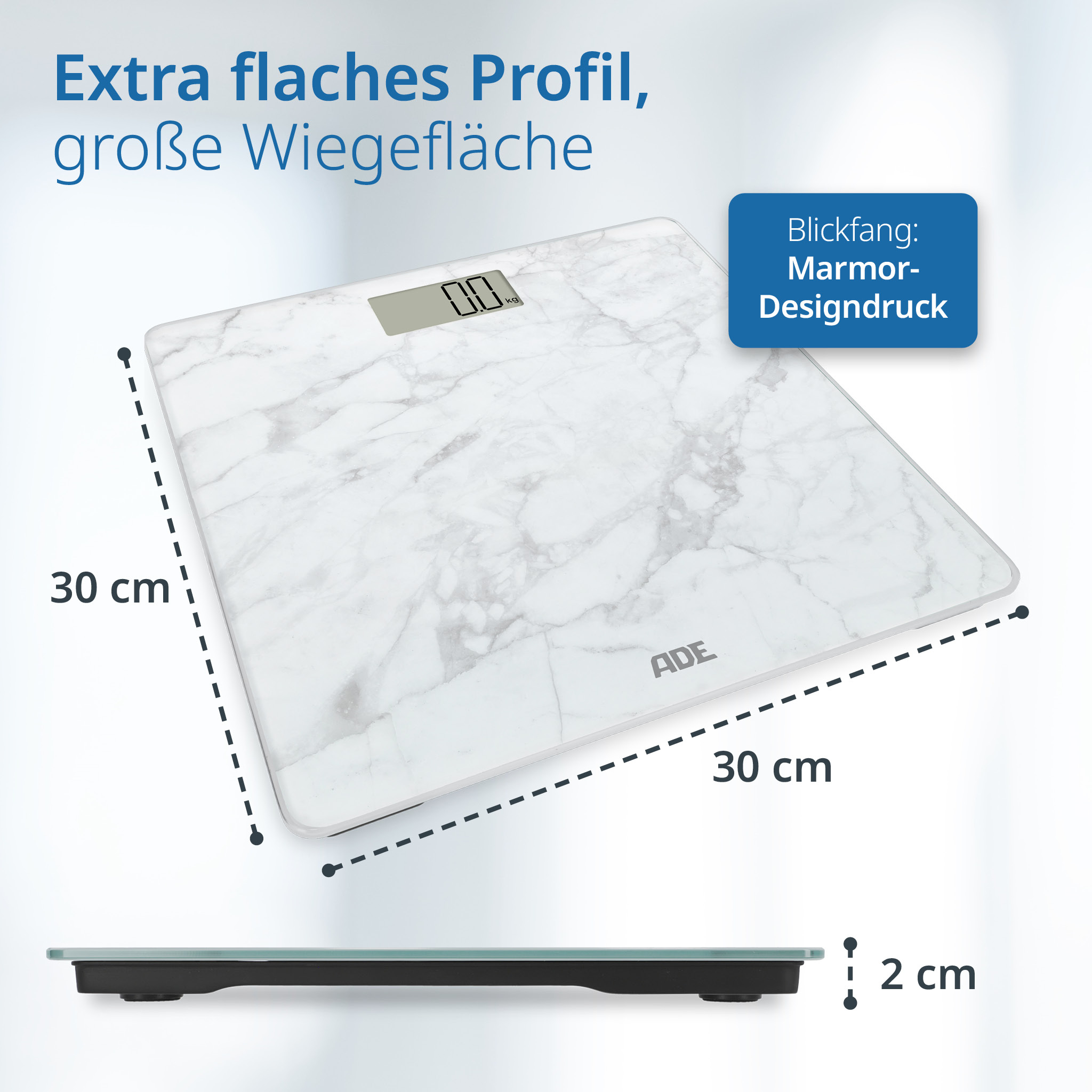 Biała waga cyfrowa z wzorem marmuru i wyświetlaczem LCD. Wymiary 30x30cm, grubość 2cm.