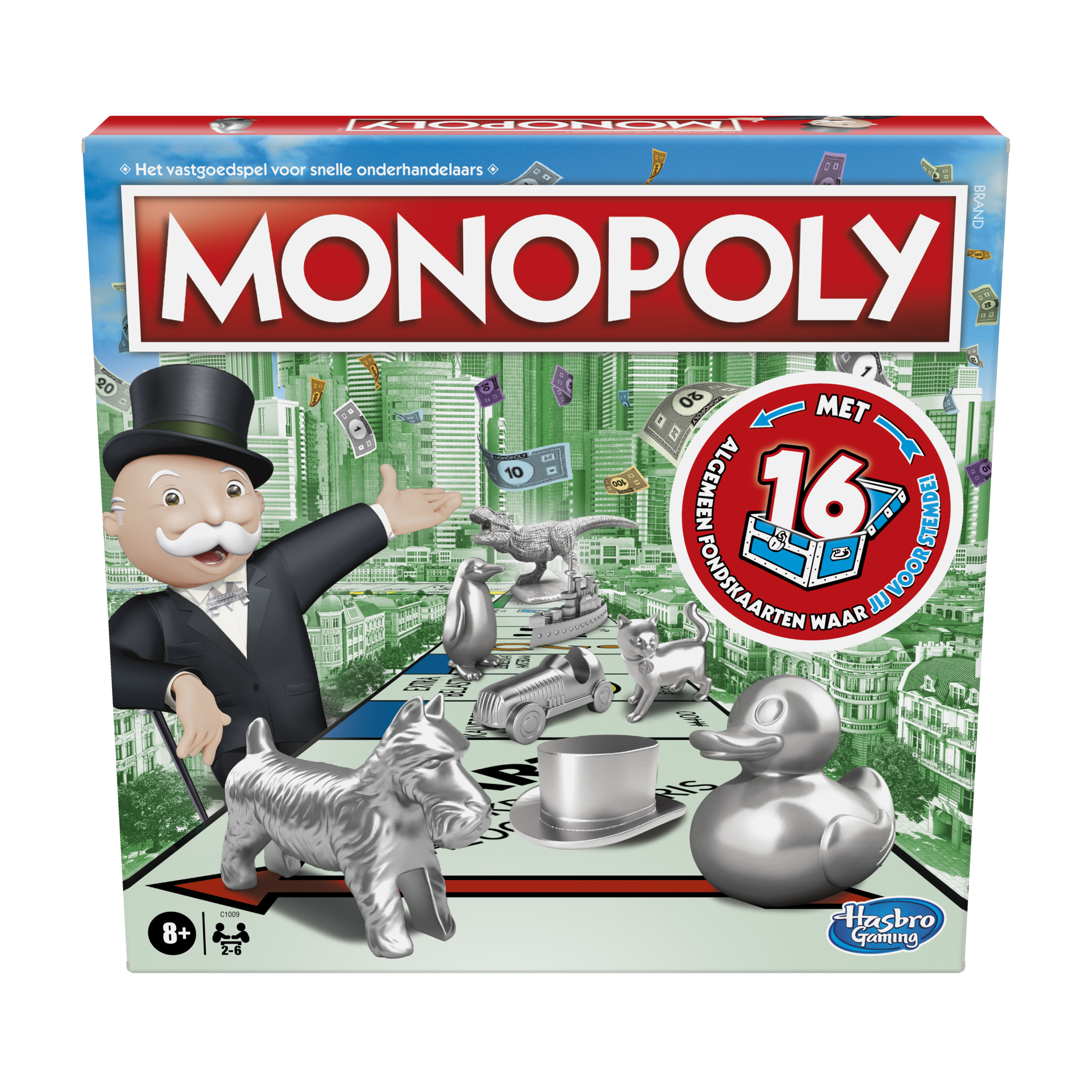 Scatola del gioco da tavolo Monopoly. Presenta personaggi e pedine con un titolo prominente.