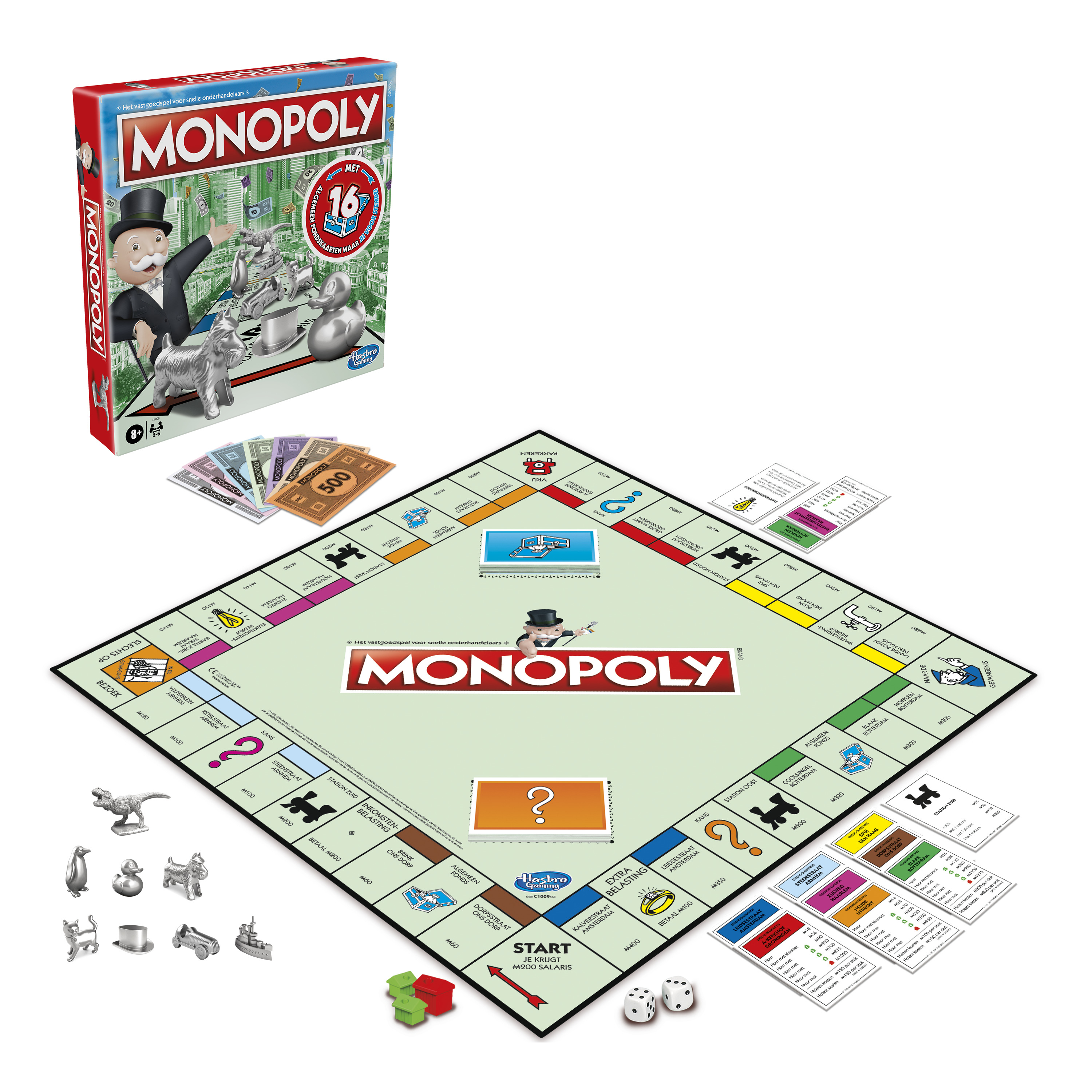 Set del gioco da tavolo Monopoly con tabellone, pedine, denaro e una scatola sullo sfondo.