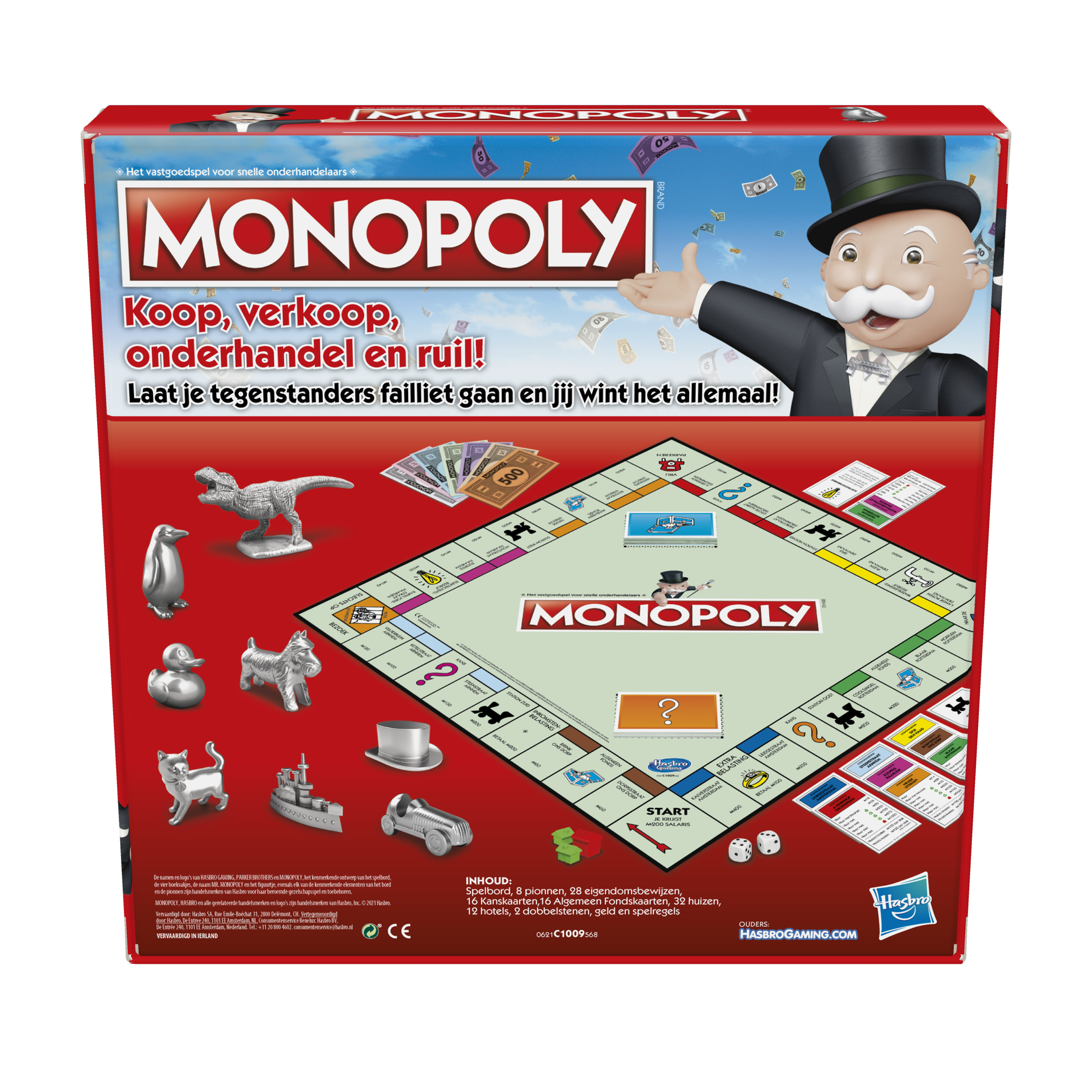 Scatola del gioco Monopoly, sfondo rosso, con immagine del tabellone, pedine e immagine del personaggio.