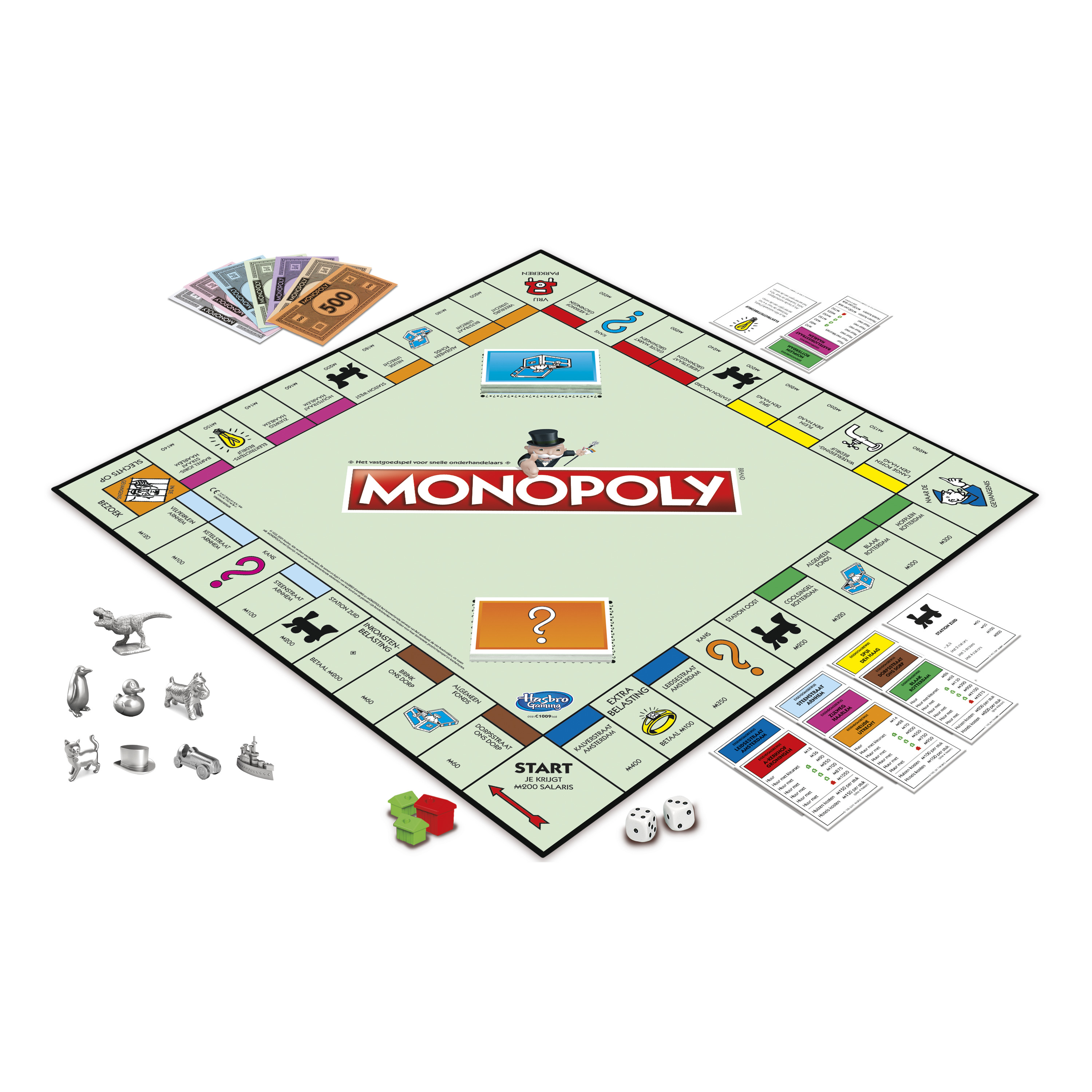 Tabellone di Monopoly con pezzi, carte e denaro. Il tabellone è verde e rosso.