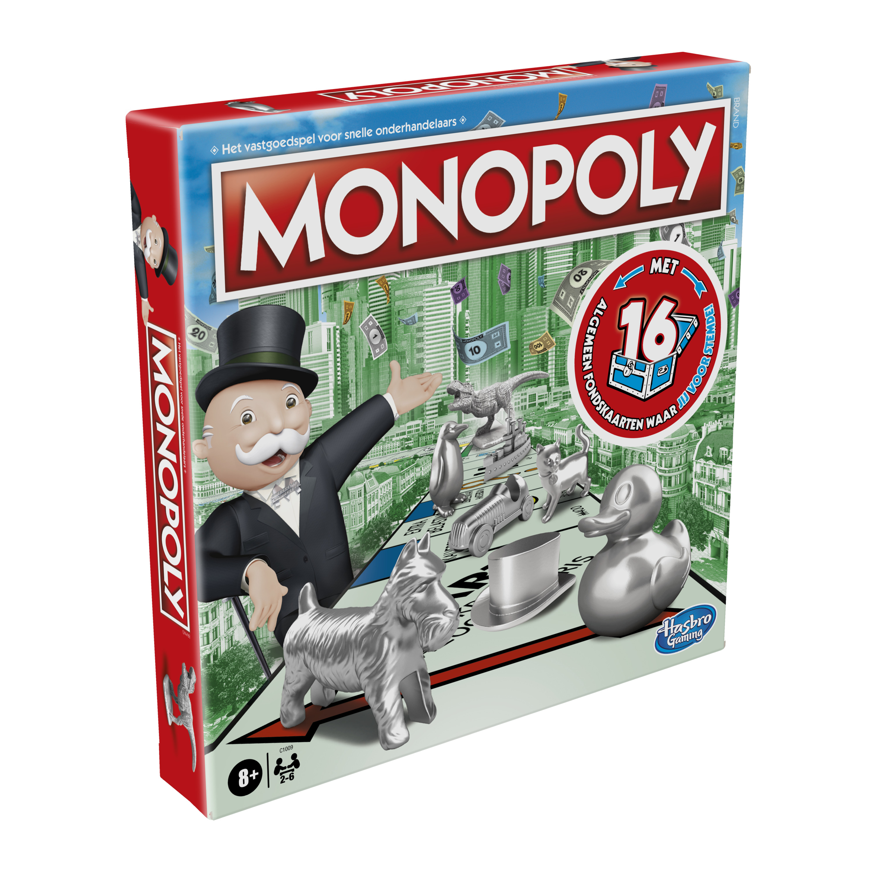Scatola del gioco Monopoly con immagini di denaro, pedine e un uomo Monopoly. Logo Hasbro Gaming.