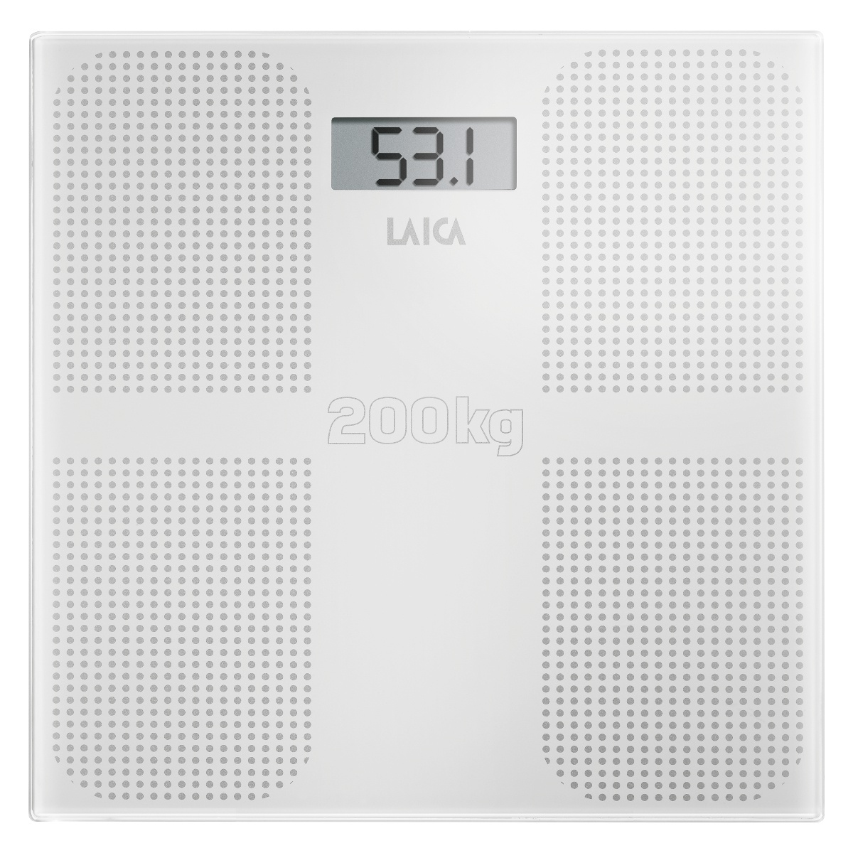 Bilancia da bagno bianca con display digitale che mostra 53.1 e il marchio LAICA.