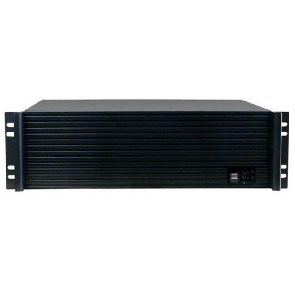 Un case nero per rack server. Presenta prese d'aria e porte sul davanti.