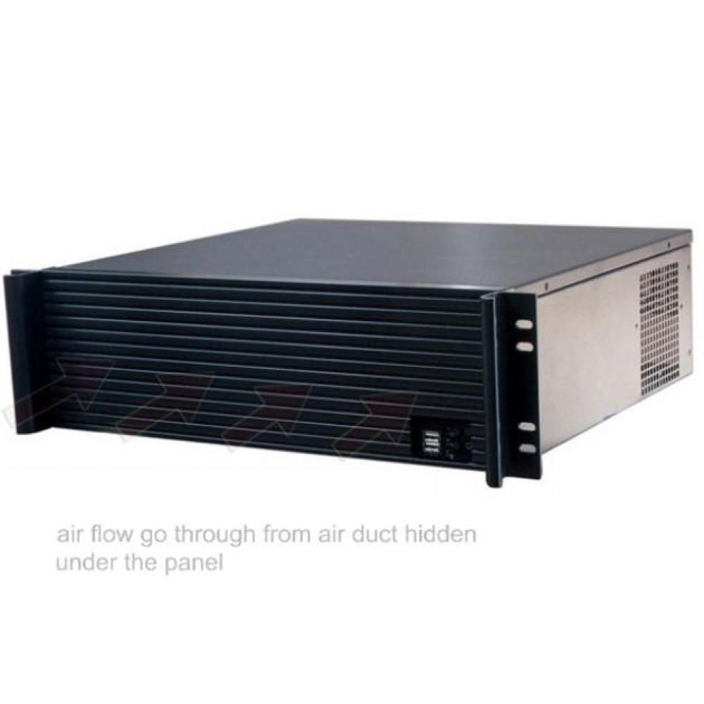 Rack server nero. Il flusso d'aria passa attraverso un condotto nascosto sotto il pannello. Frontale con prese d'aria.