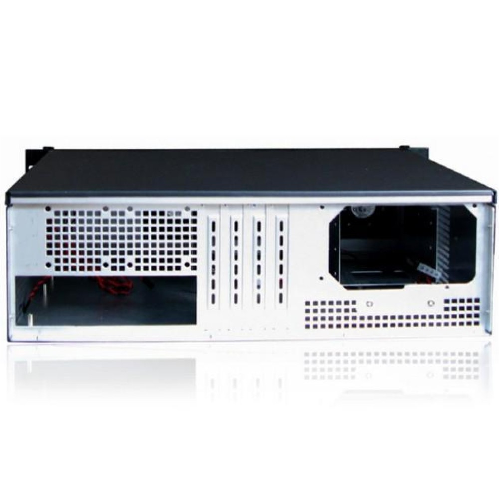 Pannello posteriore del case del computer, mostra aperture per componenti e ventilazione, nero.