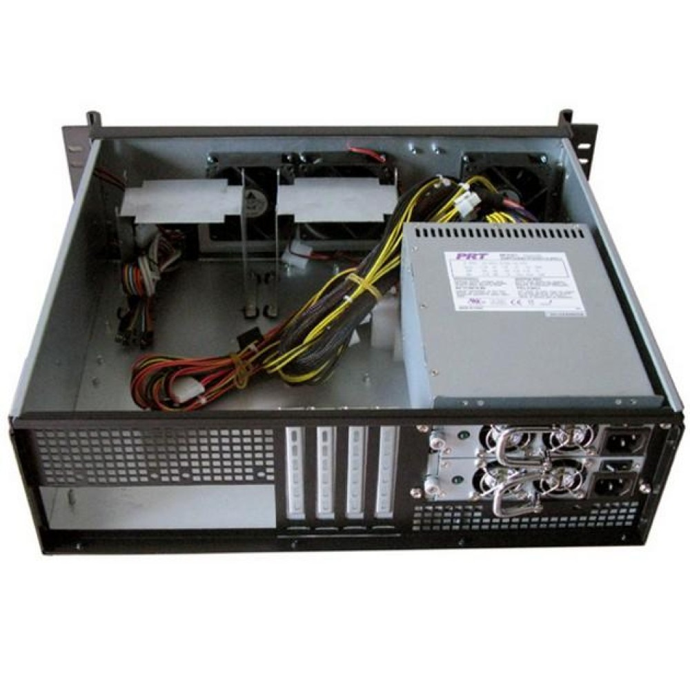 Case per computer nero aperto con componenti interni, tra cui un alimentatore e ventole.